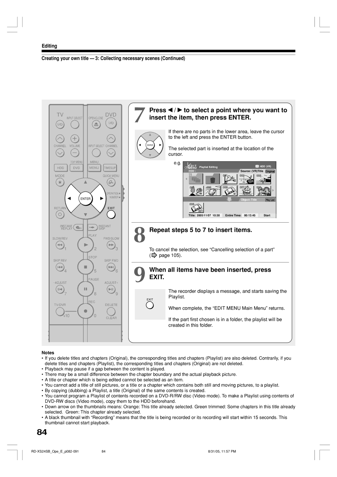 Toshiba RD-XS24SB owner manual Repeat steps 5 to 7 to insert items, When all items have been inserted, press Exit 