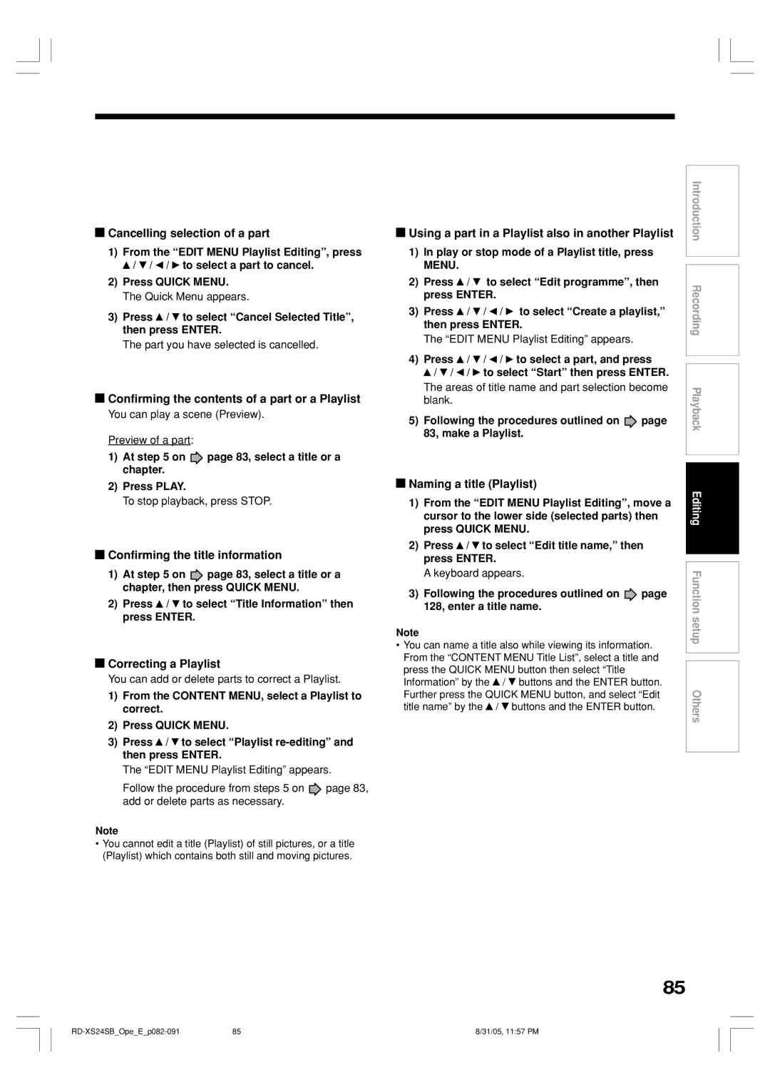 Toshiba RD-XS24SB Cancelling selection of a part, Confirming the contents of a part or a Playlist, Correcting a Playlist 