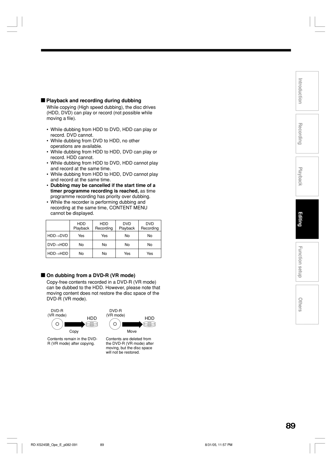 Toshiba RD-XS24SB owner manual Playback and recording during dubbing, On dubbing from a DVD-R VR mode 