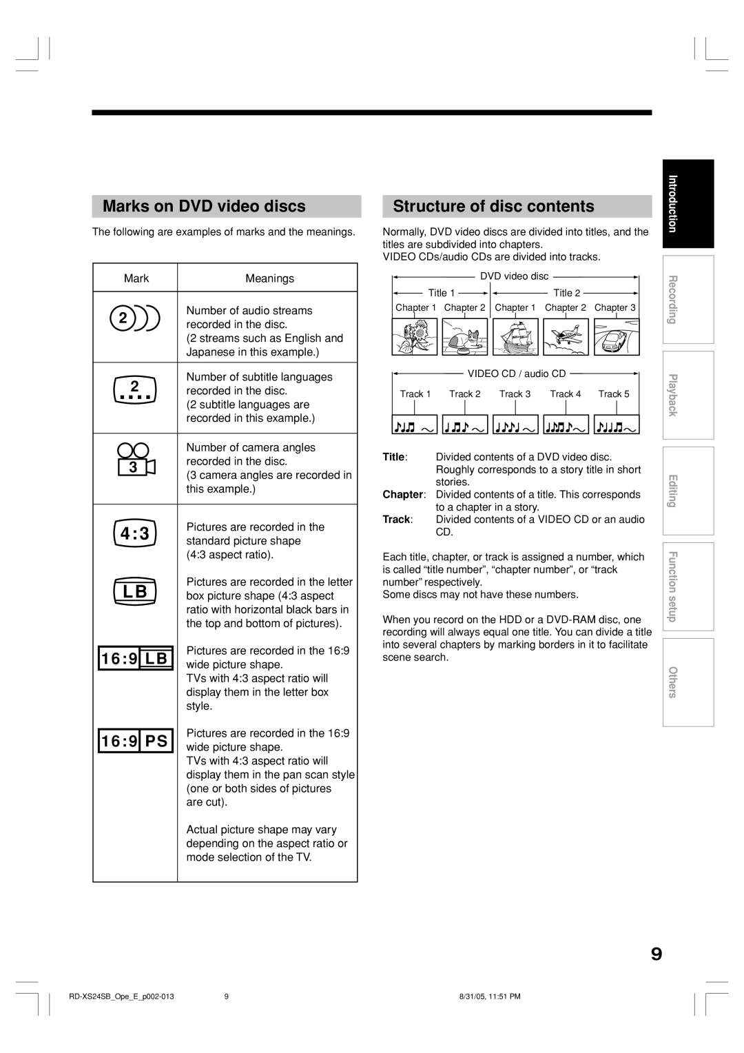 Toshiba RD-XS24SB owner manual Marks on DVD video discs, Structure of disc contents 