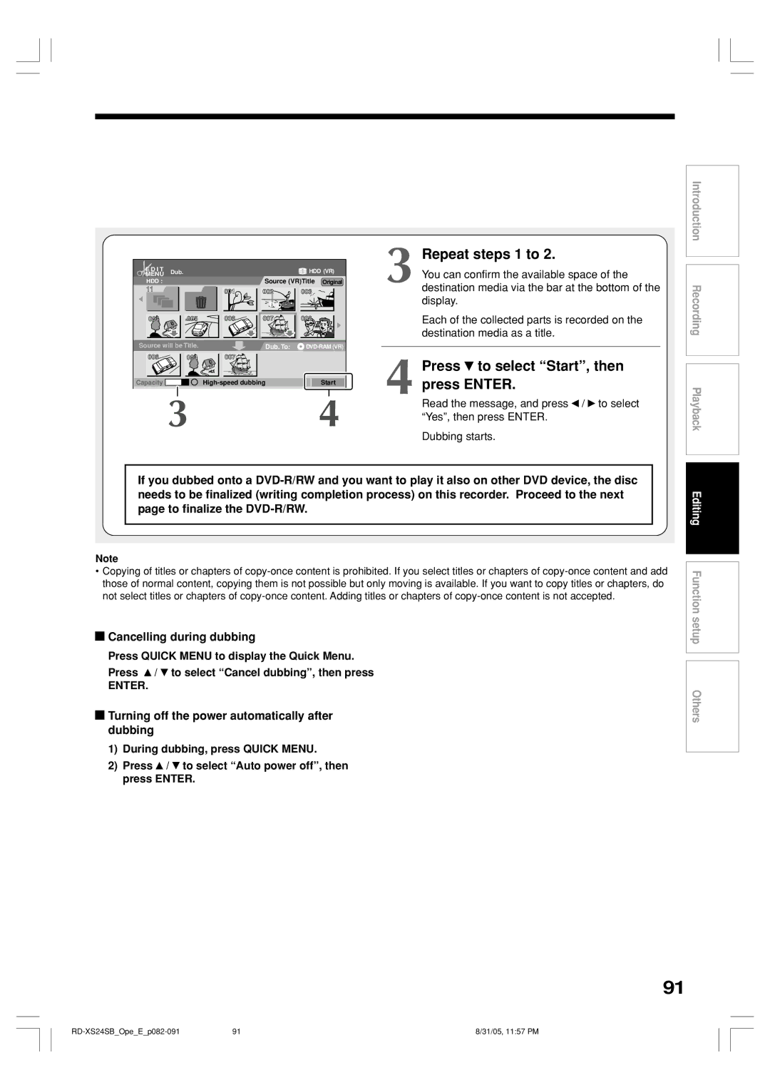 Toshiba RD-XS24SB owner manual Repeat steps 1 to, Press To select Start, then, Cancelling during dubbing 