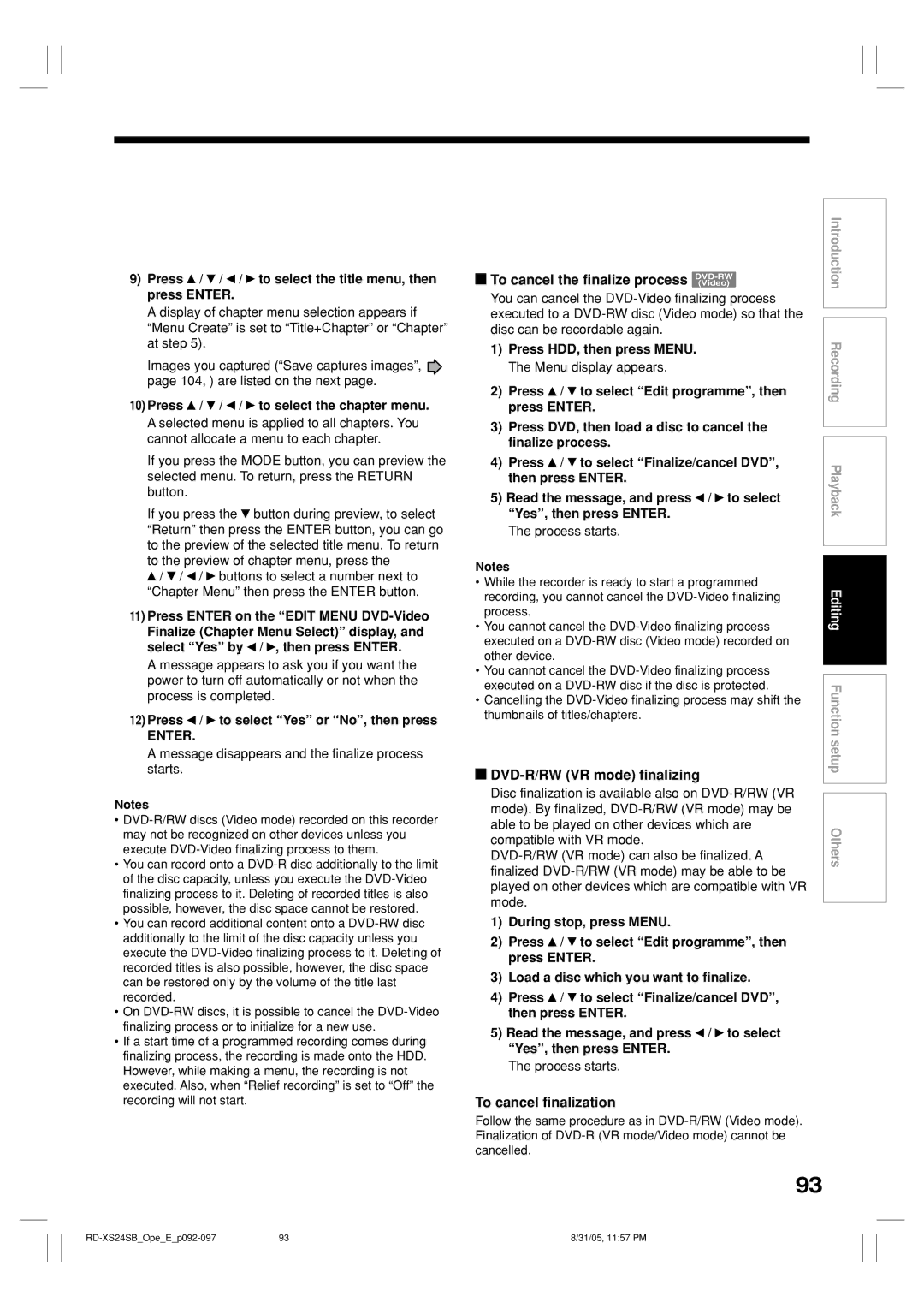 Toshiba RD-XS24SB owner manual DVD-R/RW VR mode finalizing, To cancel finalization 