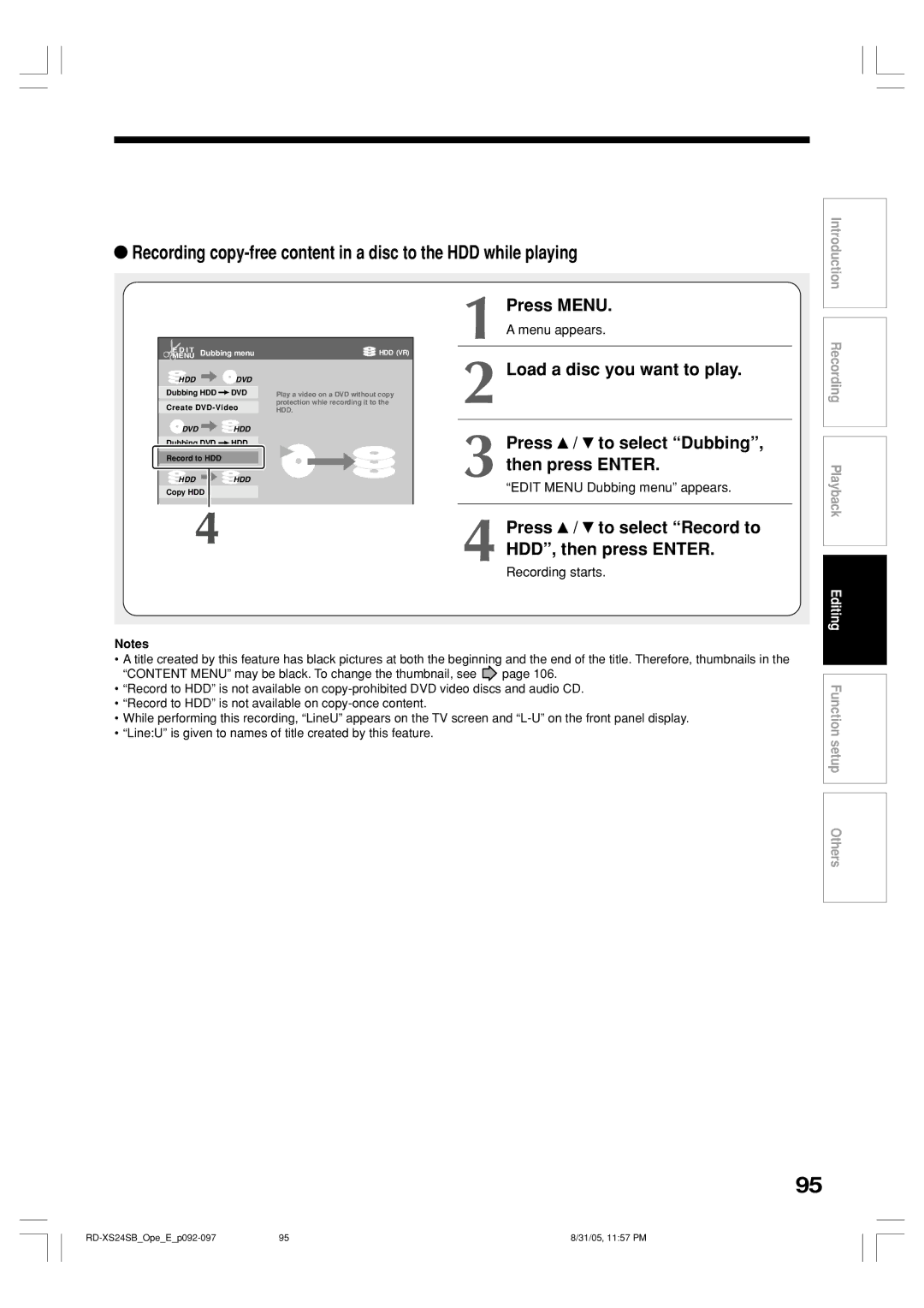 Toshiba RD-XS24SB owner manual Press / to select Record to HDD, then press Enter, Edit Menu Dubbing menu appears 