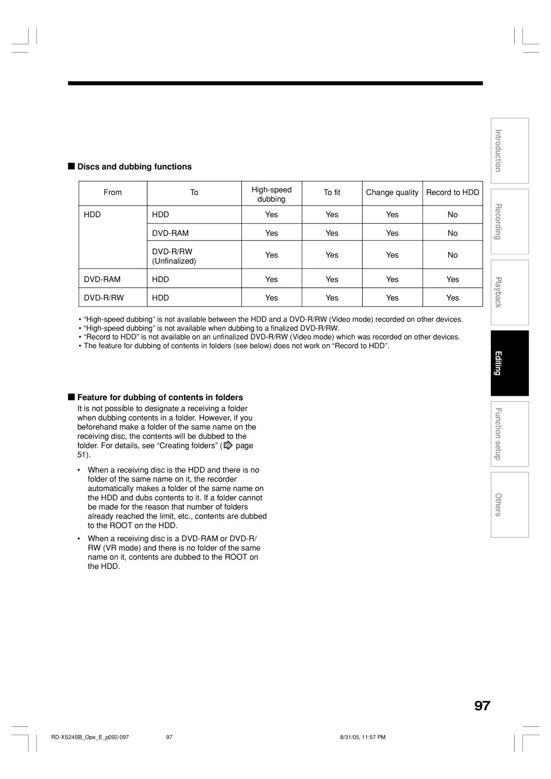 Toshiba RD-XS24SB owner manual Discs and dubbing functions, Feature for dubbing of contents in folders 