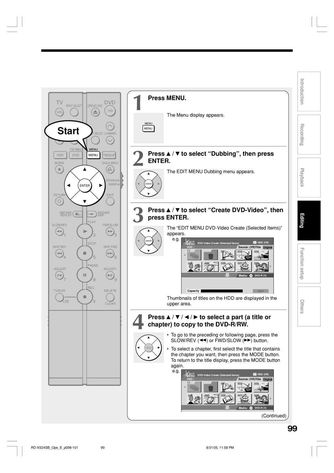 Toshiba RD-XS24SB owner manual Press / to select Dubbing, then press, Press / to select Create DVD-Video, then press Enter 