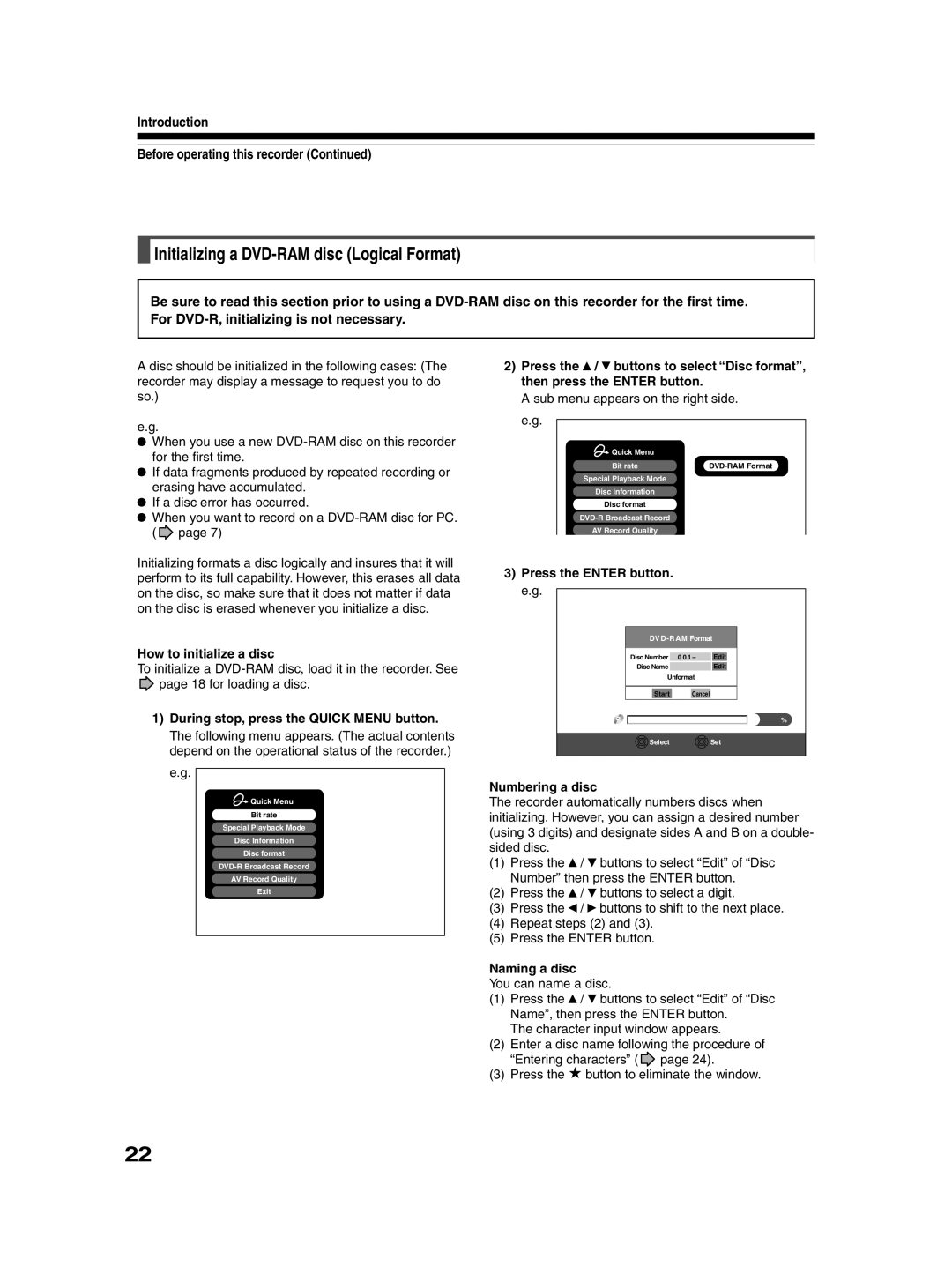 Toshiba RD-XS30B owner manual Initializing a DVD-RAM disc Logical Format, Introduction Before operating this recorder 