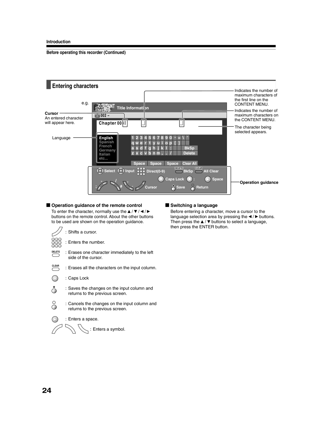 Toshiba RD-XS30B owner manual Entering characters, Chapter, Operation guidance of the remote control, Switching a language 