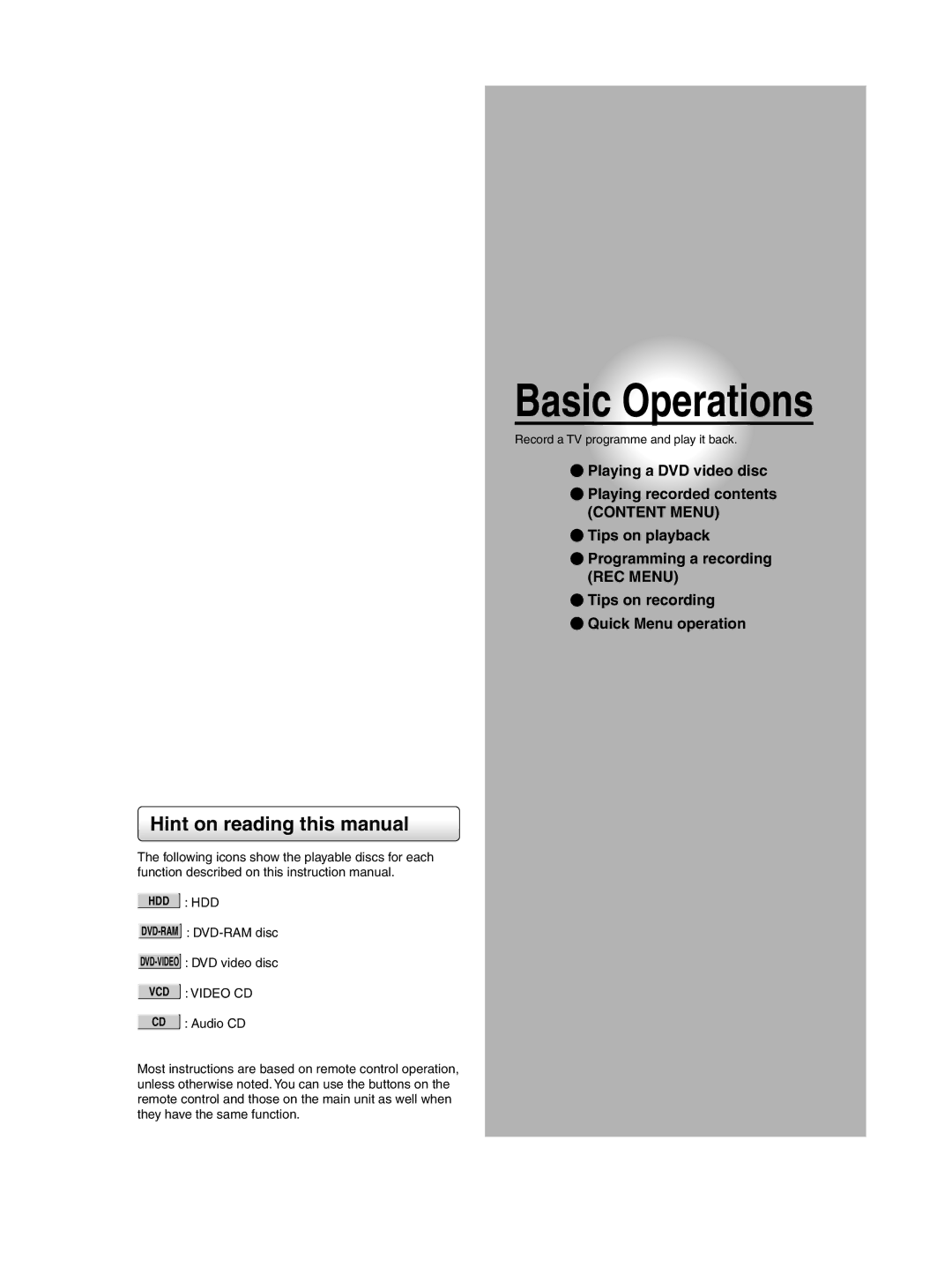 Toshiba RD-XS30B owner manual Basic Operations, Hint on reading this manual 