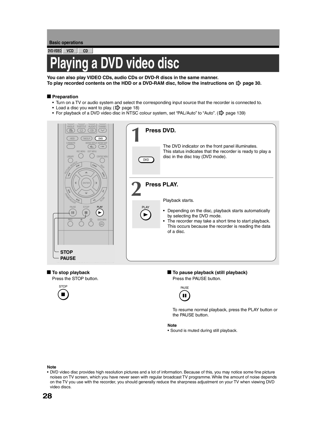 Toshiba RD-XS30B owner manual Playing a DVD video disc, Press DVD, Press Play, Stop 