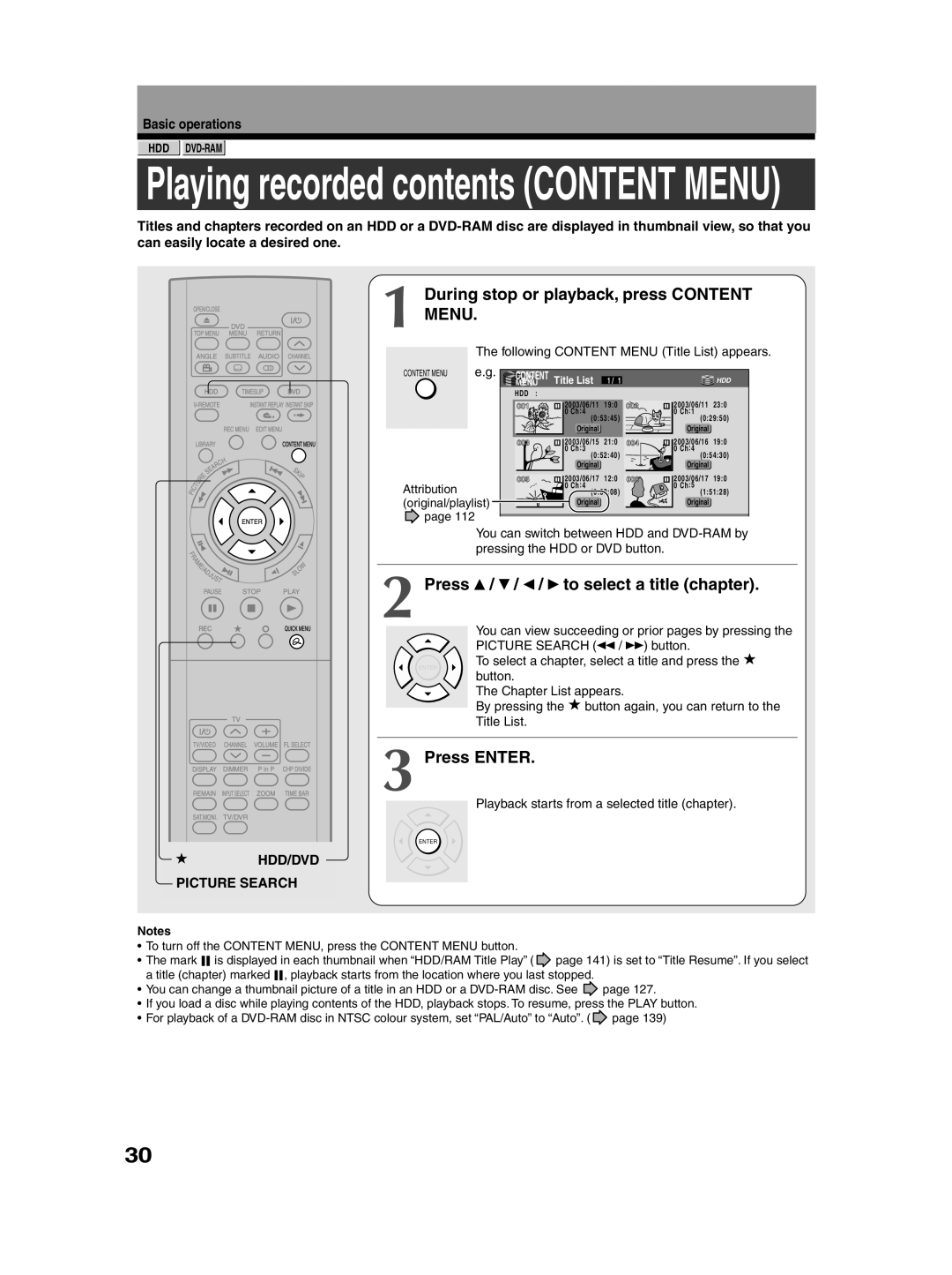 Toshiba RD-XS30B owner manual Playing recorded contents Content Menu 