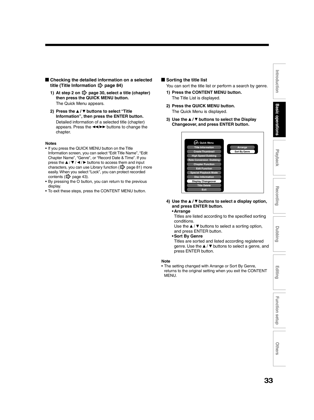 Toshiba RD-XS30B owner manual Sorting the title list 