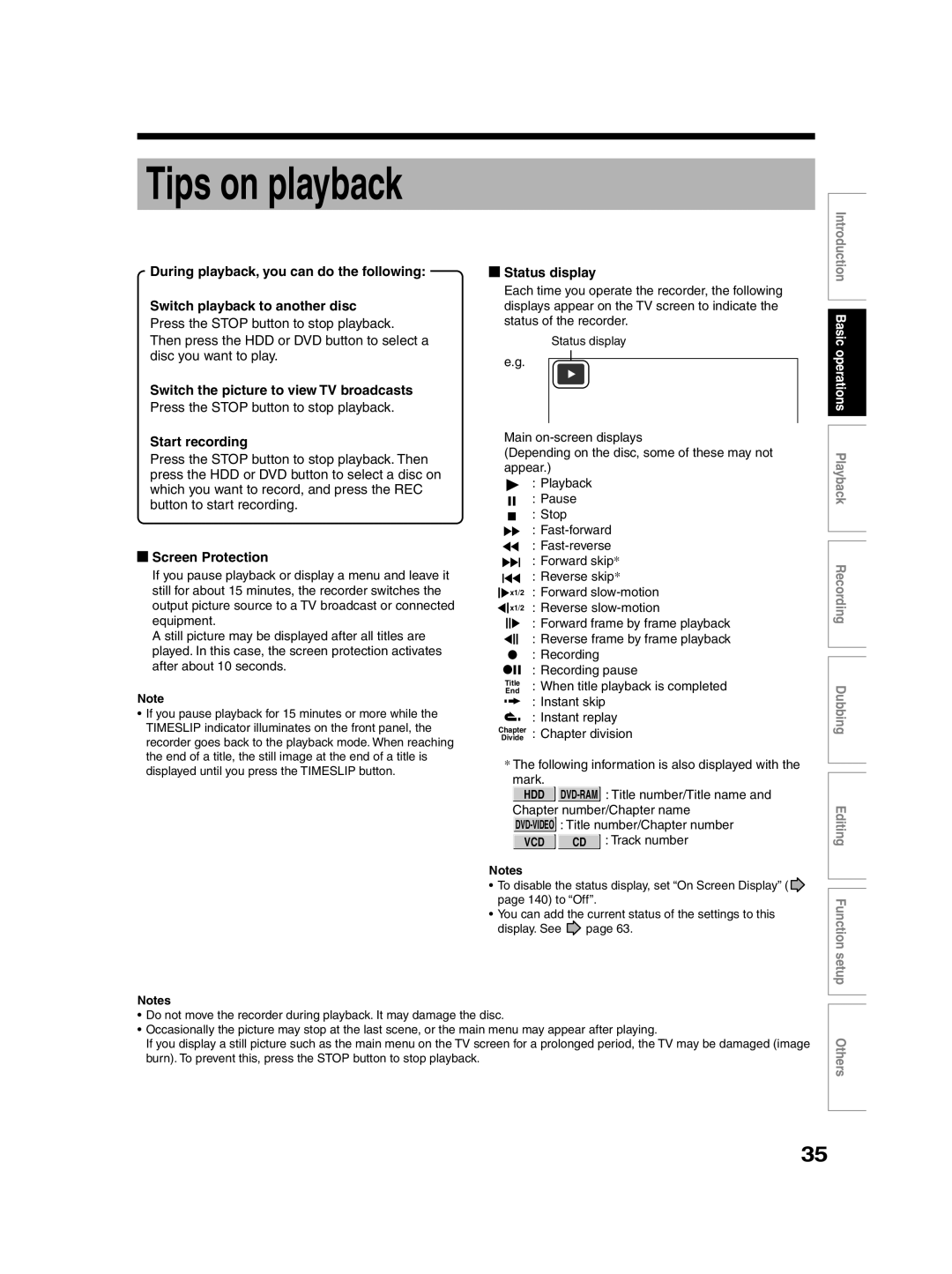 Toshiba RD-XS30B owner manual Switch the picture to view TV broadcasts, Start recording, Screen Protection, Status display 