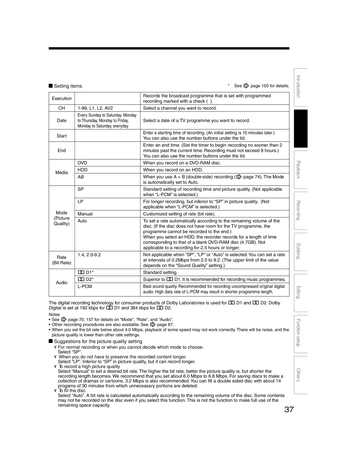 Toshiba RD-XS30B owner manual Setting items, Suggestions for the picture quality setting, To record a high picture quality 