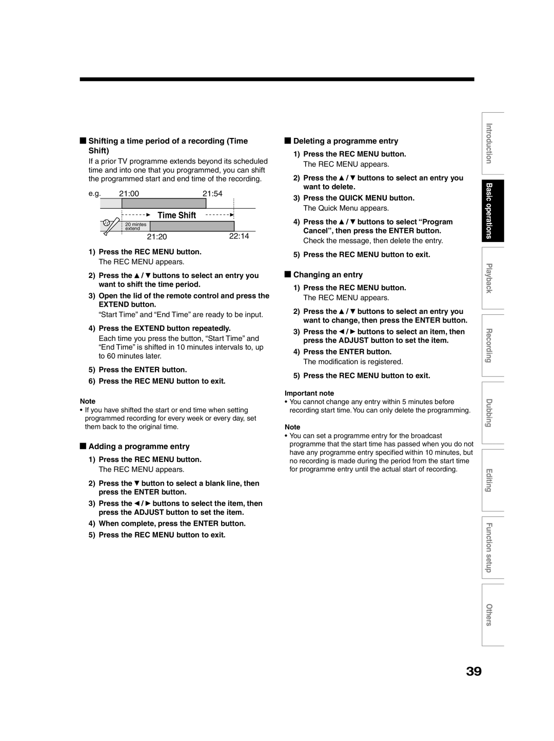 Toshiba RD-XS30B Shifting a time period of a recording Time Shift, Adding a programme entry, Deleting a programme entry 