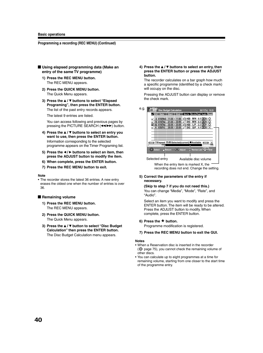 Toshiba RD-XS30B owner manual Remaining volume, Press the button, Press the REC Menu button to exit the GUI 