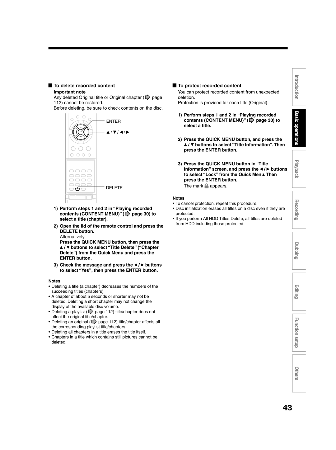 Toshiba RD-XS30B To delete recorded content, To protect recorded content, Deletion, Press the Quick Menu button in Title 