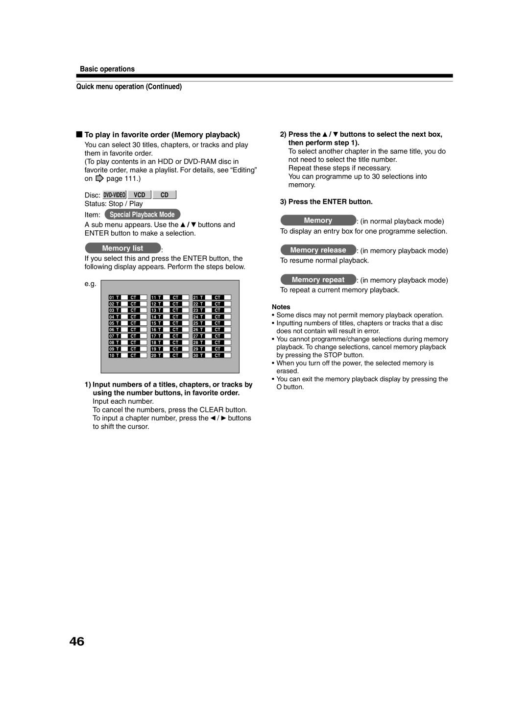 Toshiba RD-XS30B owner manual Memory playback mode To repeat a current memory playback 