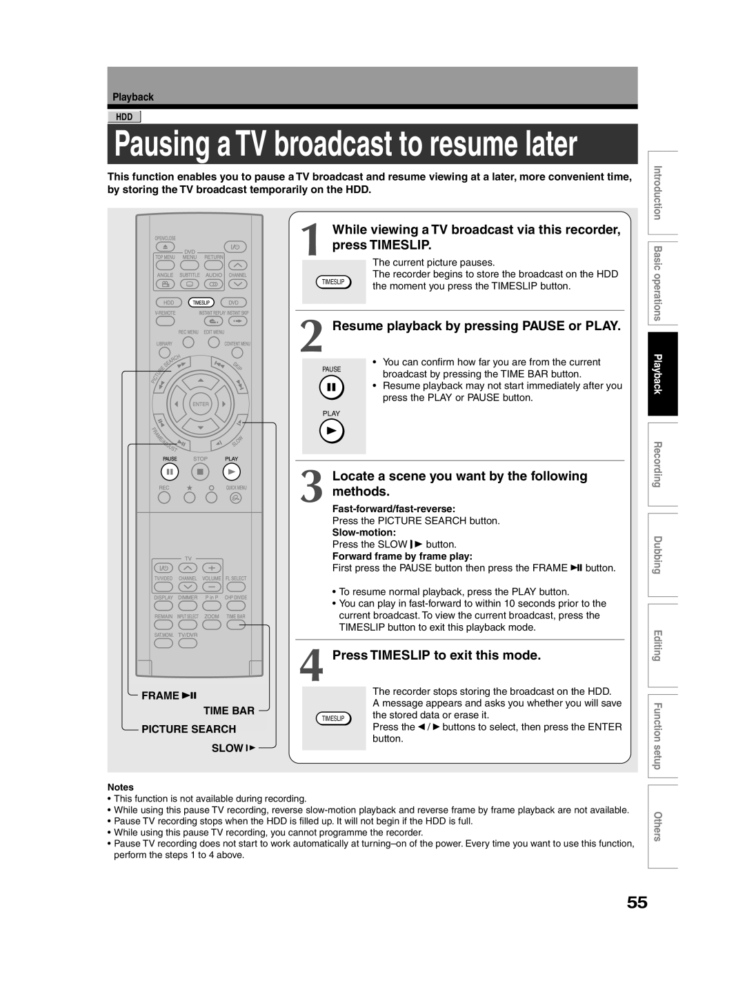 Toshiba RD-XS30B Resume playback by pressing Pause or Play, Locate a scene you want by the following methods, Frame 