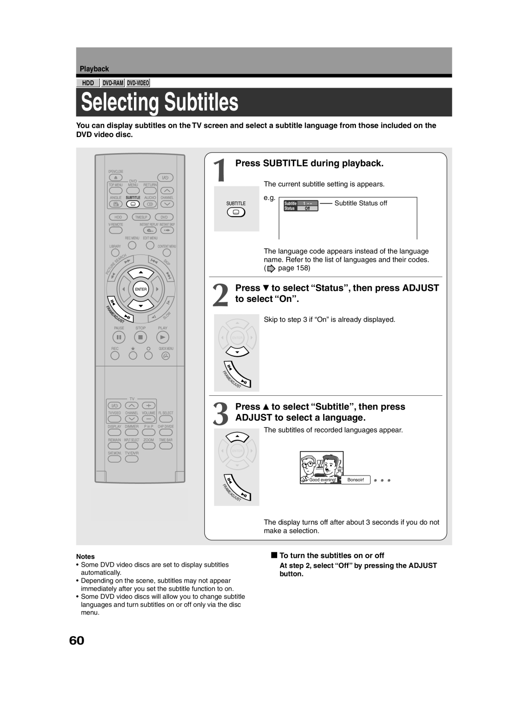 Toshiba RD-XS30B owner manual Selecting Subtitles, Press Subtitle during playback, To turn the subtitles on or off 