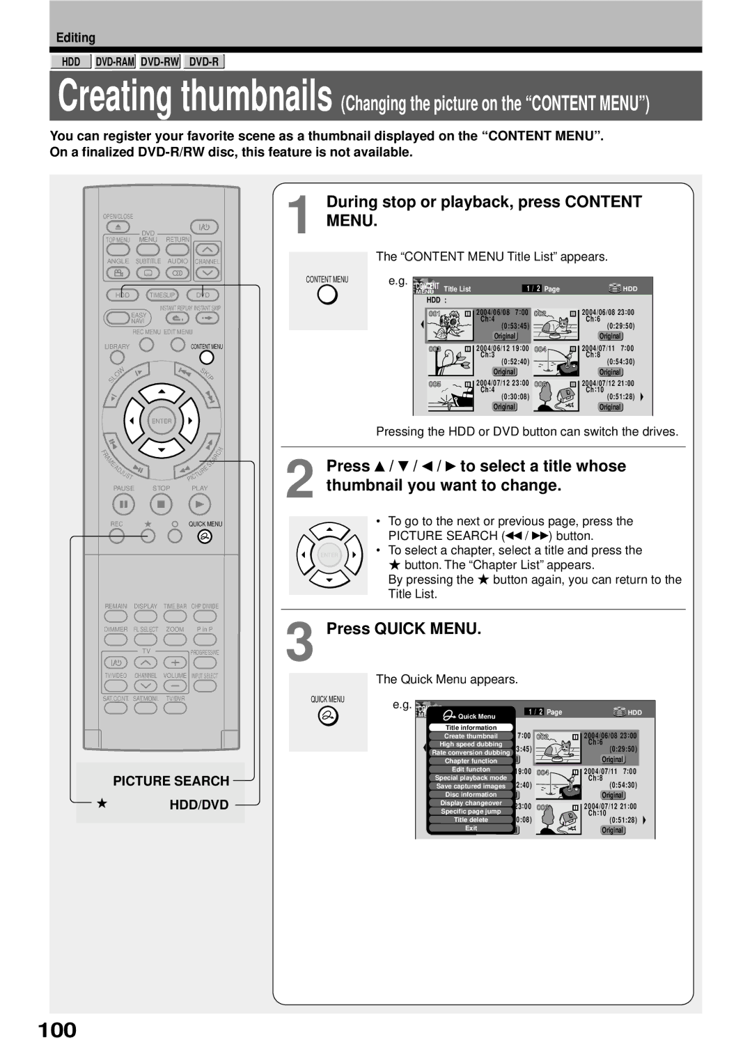 Toshiba RD-XS32SB owner manual 100, During stop or playback, press Content Menu 