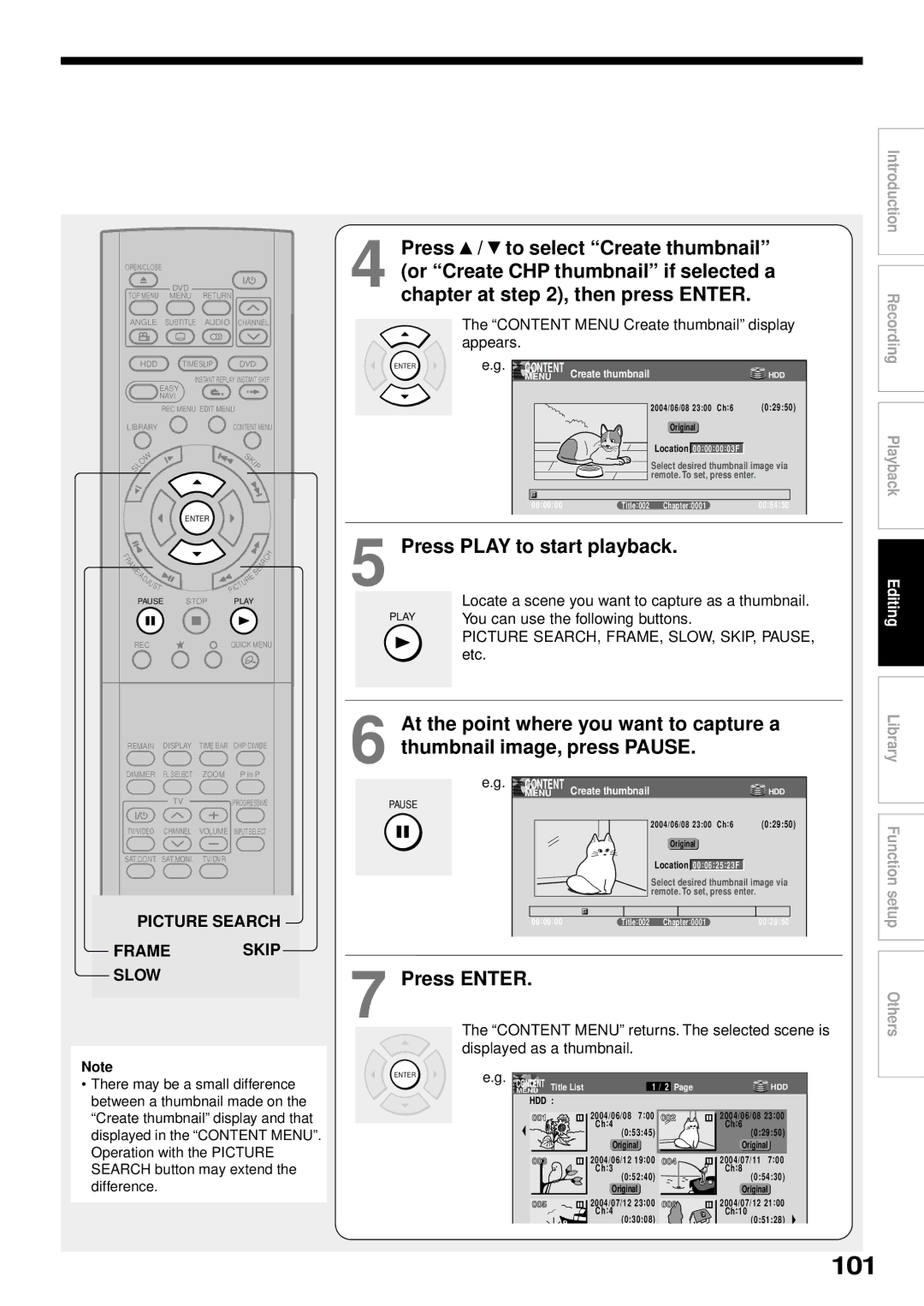 Toshiba RD-XS32SB owner manual Content Menu Create thumbnail display appears, There may be a small difference 