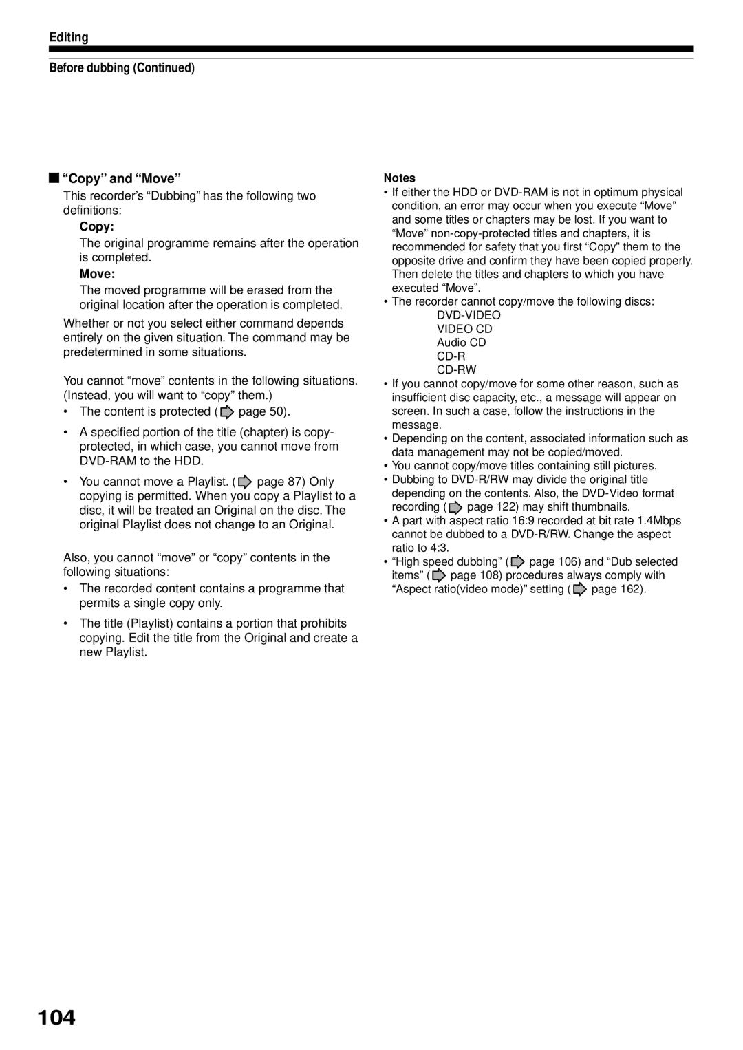 Toshiba RD-XS32SB owner manual 104, Editing Before dubbing Copy and Move 