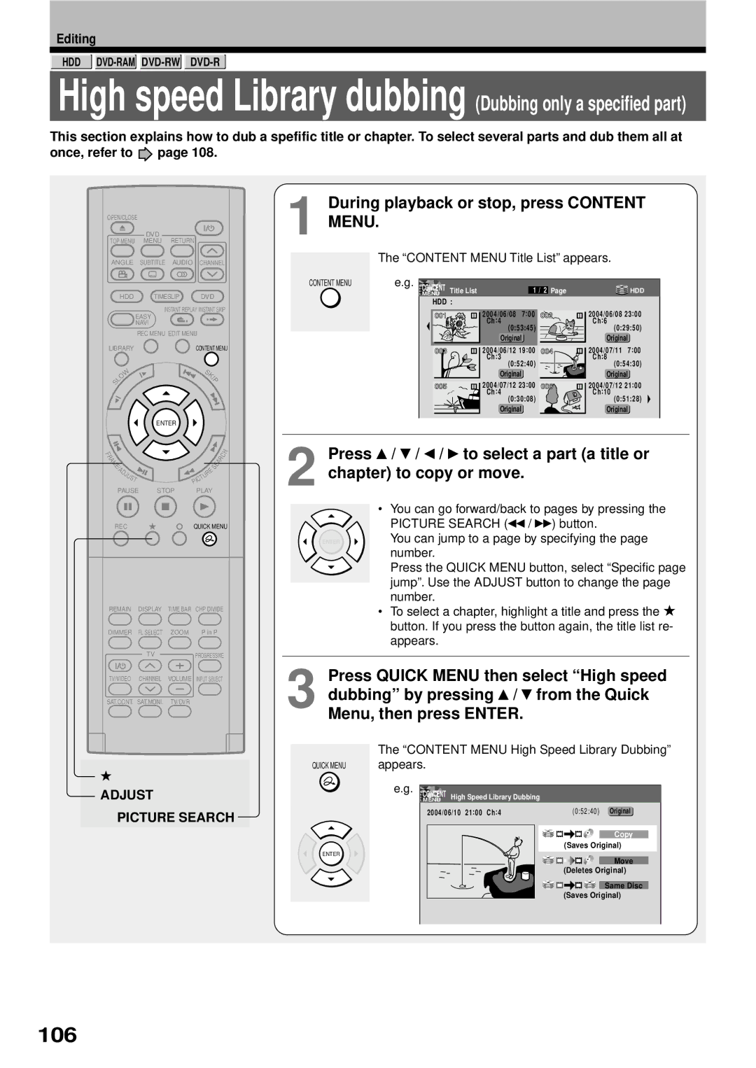 Toshiba RD-XS32SB owner manual 106, During playback or stop, press Content Menu, Adjust, Appears 