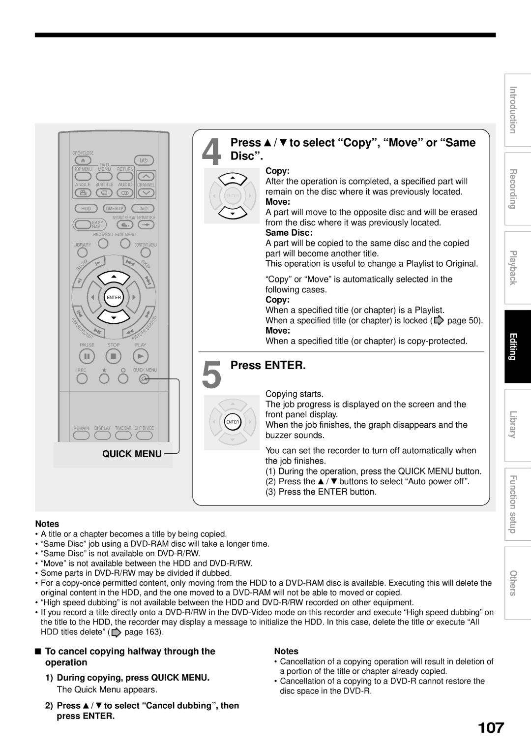 Toshiba RD-XS32SB 107, Press / to select Copy, Move or Same Disc, To cancel copying halfway through the operation 