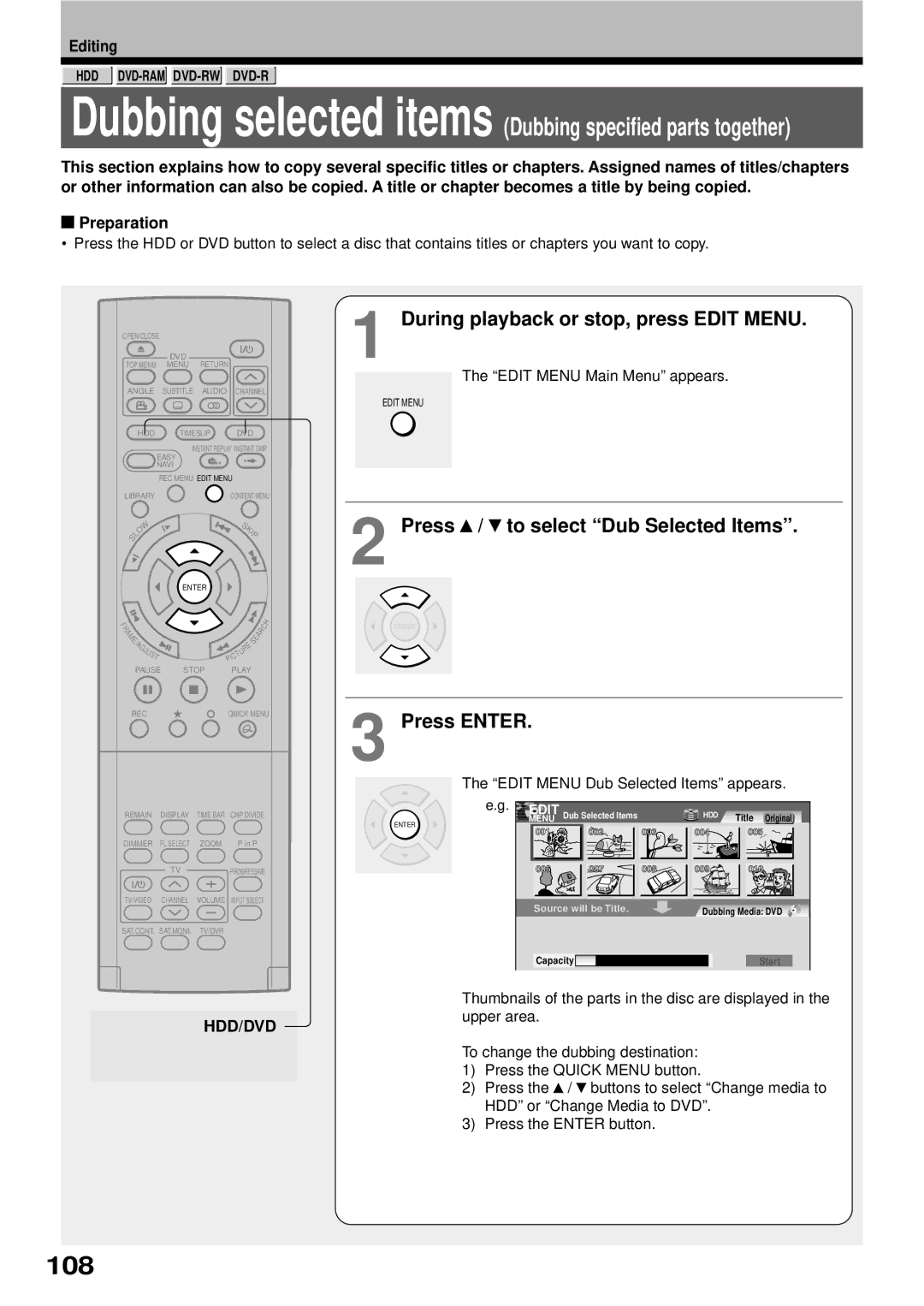 Toshiba RD-XS32SB owner manual 108, During playback or stop, press Edit Menu, Press / to select Dub Selected Items 