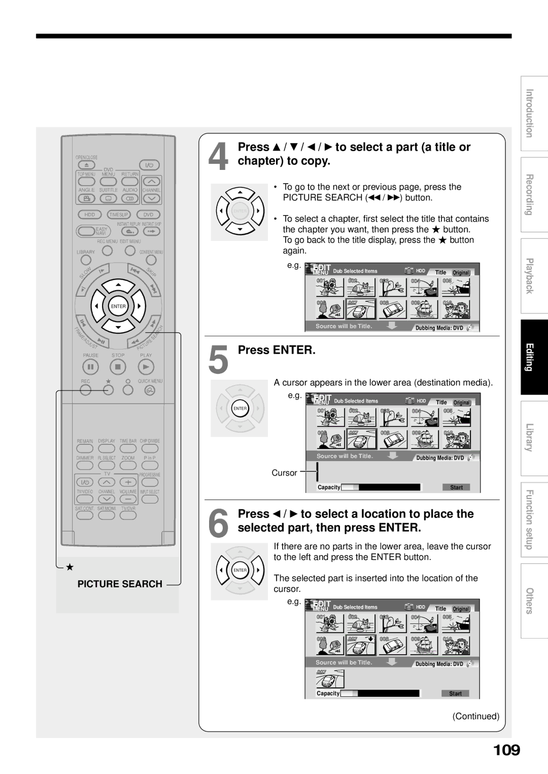 Toshiba RD-XS32SB owner manual 109, Press / / / to select a part a title or, Chapter to copy 