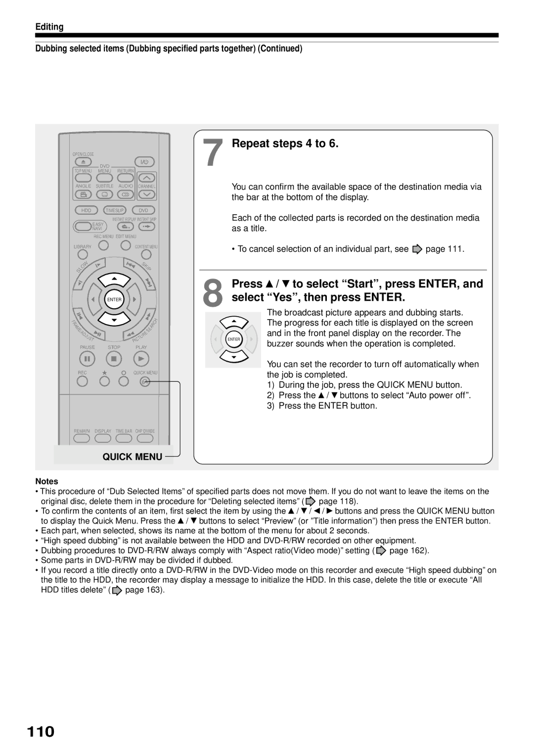 Toshiba RD-XS32SB owner manual 110, Repeat steps 4 to 