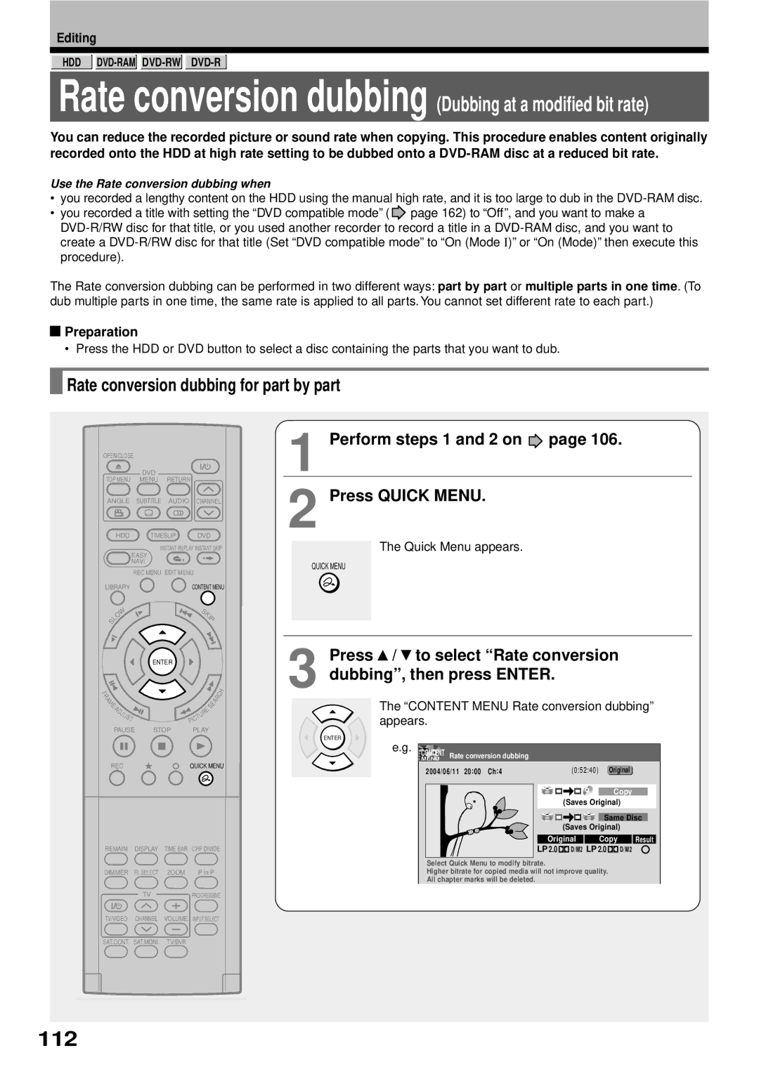 Toshiba RD-XS32SB owner manual 112, Rate conversion dubbing for part by part, Perform steps 1 and 2 on Press Quick Menu 