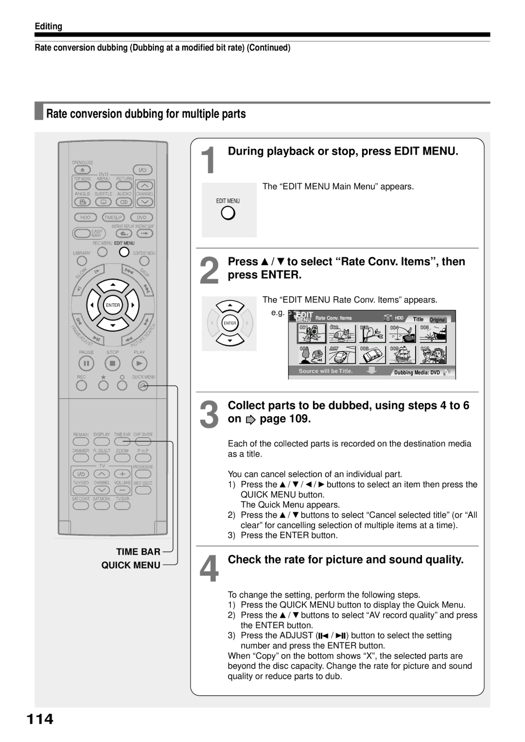 Toshiba RD-XS32SB 114, Rate conversion dubbing for multiple parts, Collect parts to be dubbed, using steps 4 to 