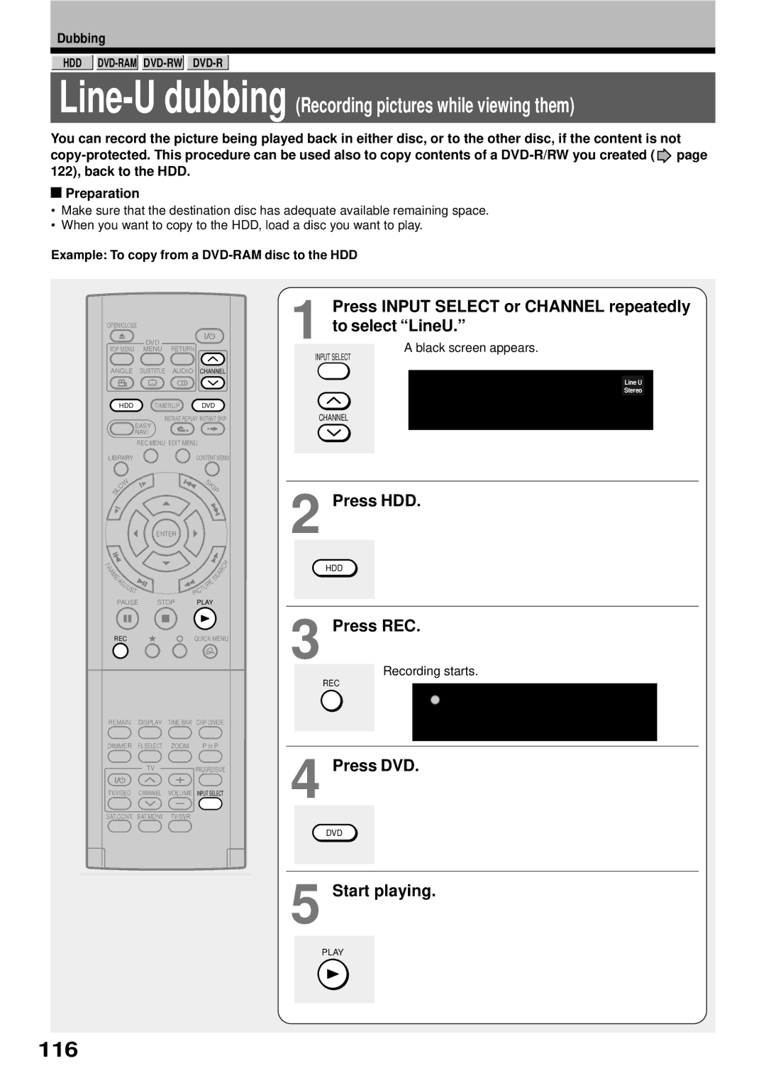 Toshiba RD-XS32SB 116, Press Input Select or Channel repeatedly to select LineU, Press HDD, Start playing, Dubbing 