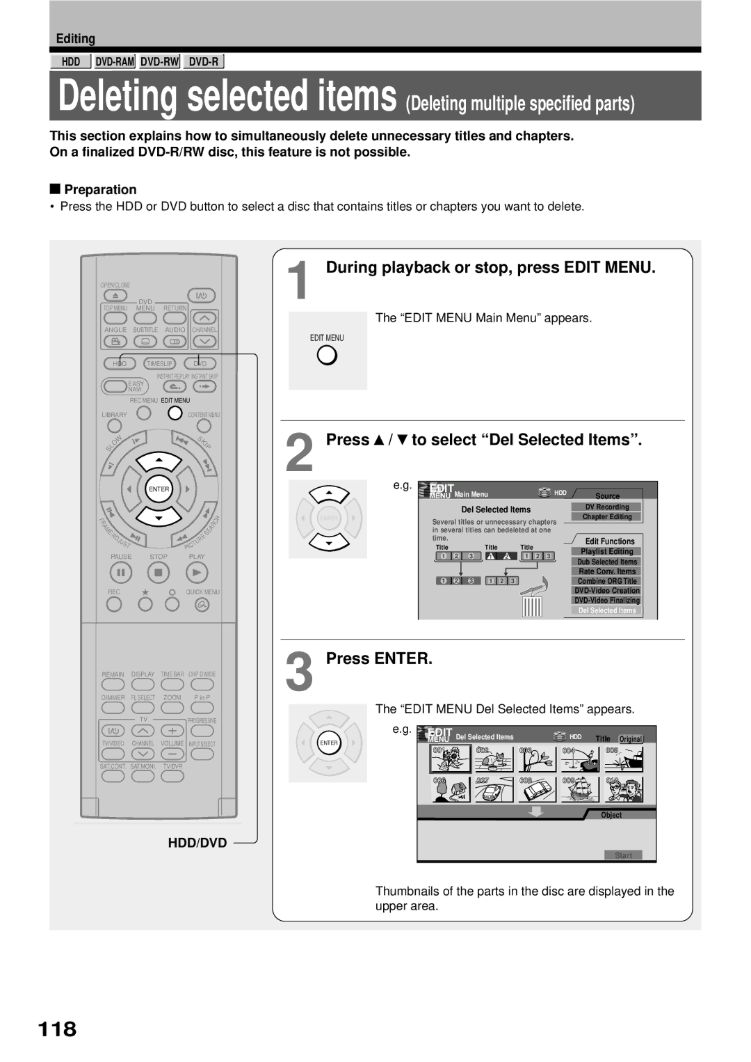 Toshiba RD-XS32SB owner manual 118, Press / to select Del Selected Items 