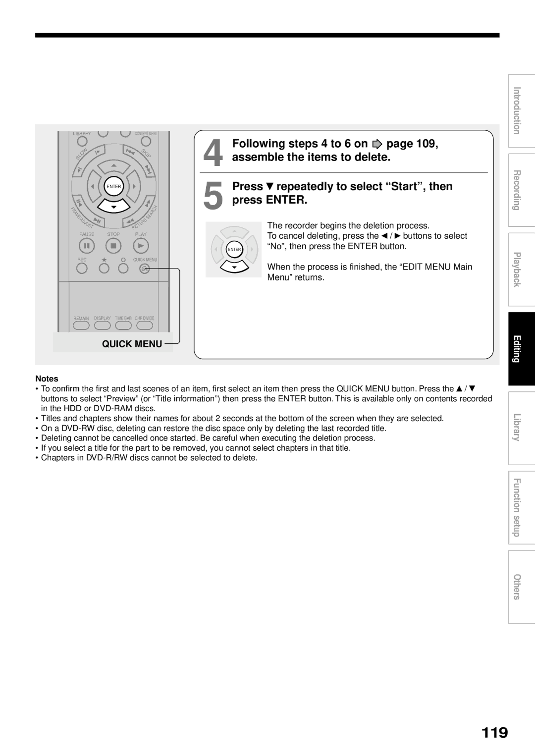 Toshiba RD-XS32SB owner manual 119, Recorder begins the deletion process, To cancel deleting, press the / buttons to select 