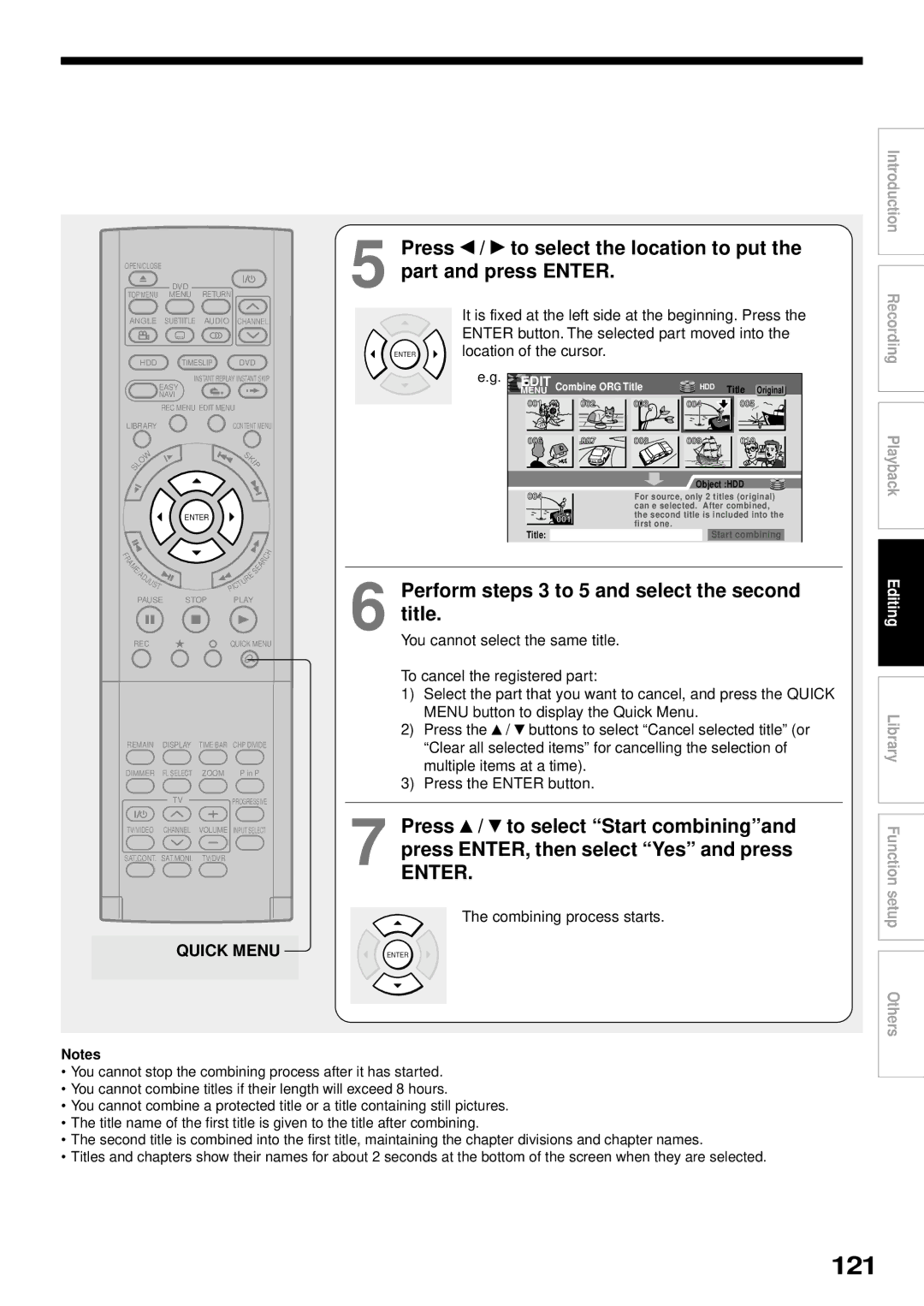 Toshiba RD-XS32SB owner manual 121, Perform steps 3 to 5 and select the second title, Combining process starts 