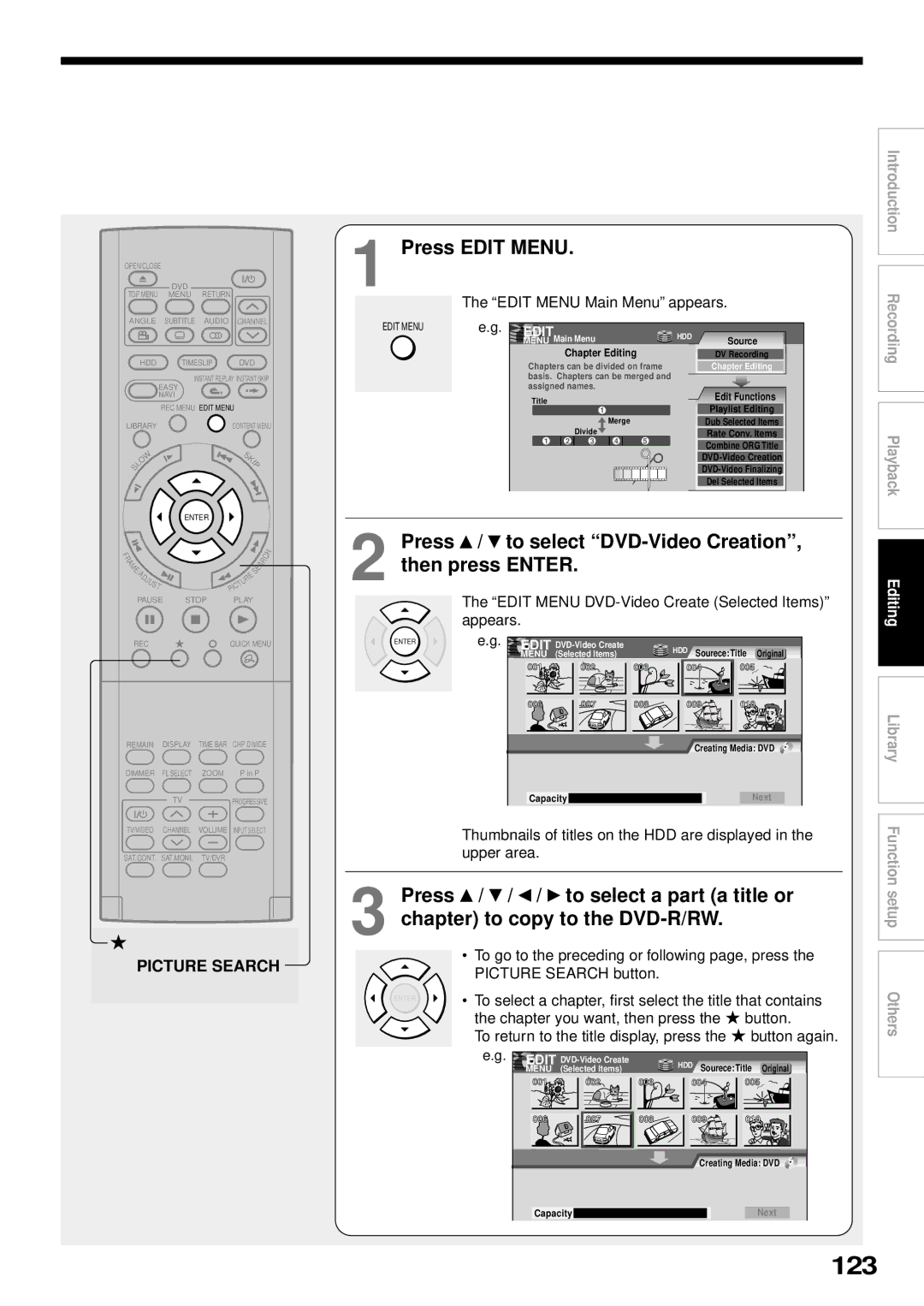 Toshiba RD-XS32SB owner manual 123, Press Edit Menu, Press / to select DVD-Video Creation, then press Enter 