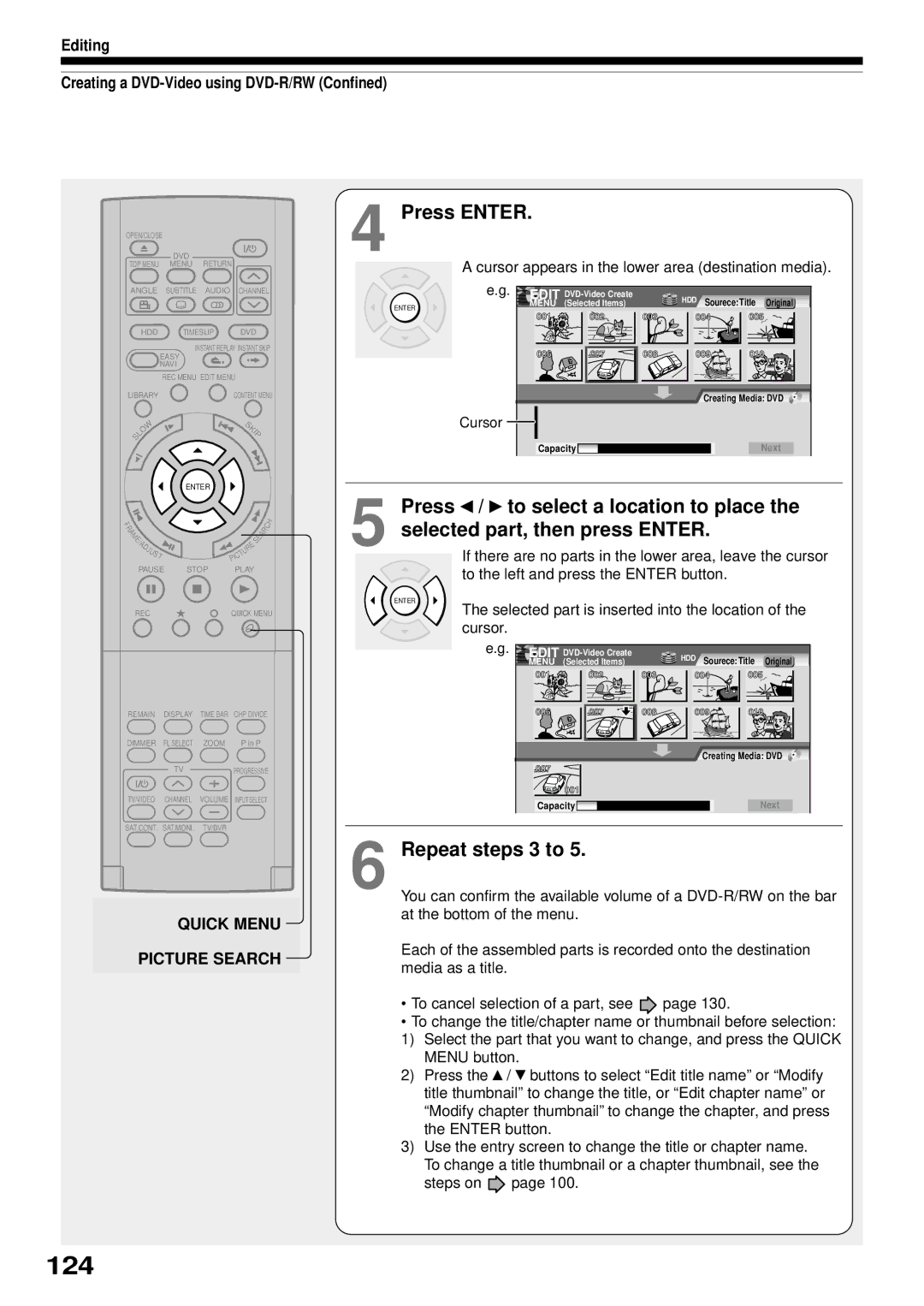 Toshiba RD-XS32SB 124, Repeat steps 3 to, Editing Creating a DVD-Video using DVD-R/RW Confined, Quick Menu Picture Search 