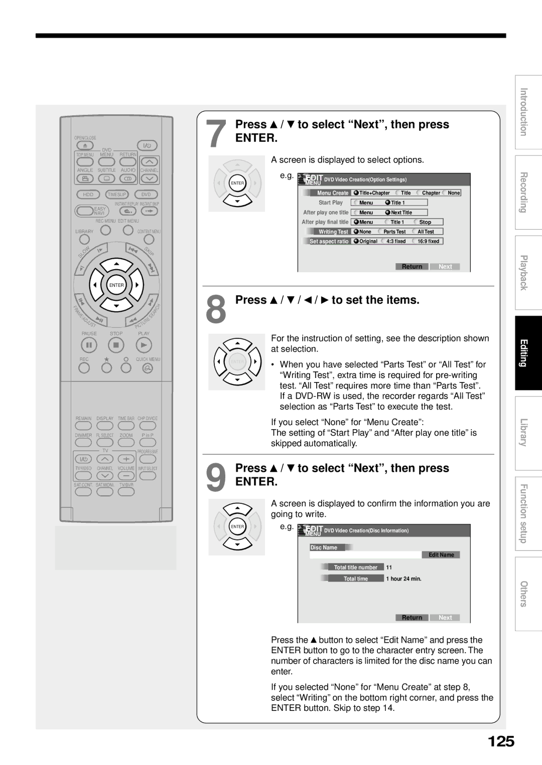 Toshiba RD-XS32SB owner manual 125, Press / to select Next, then press, Press To set the items 