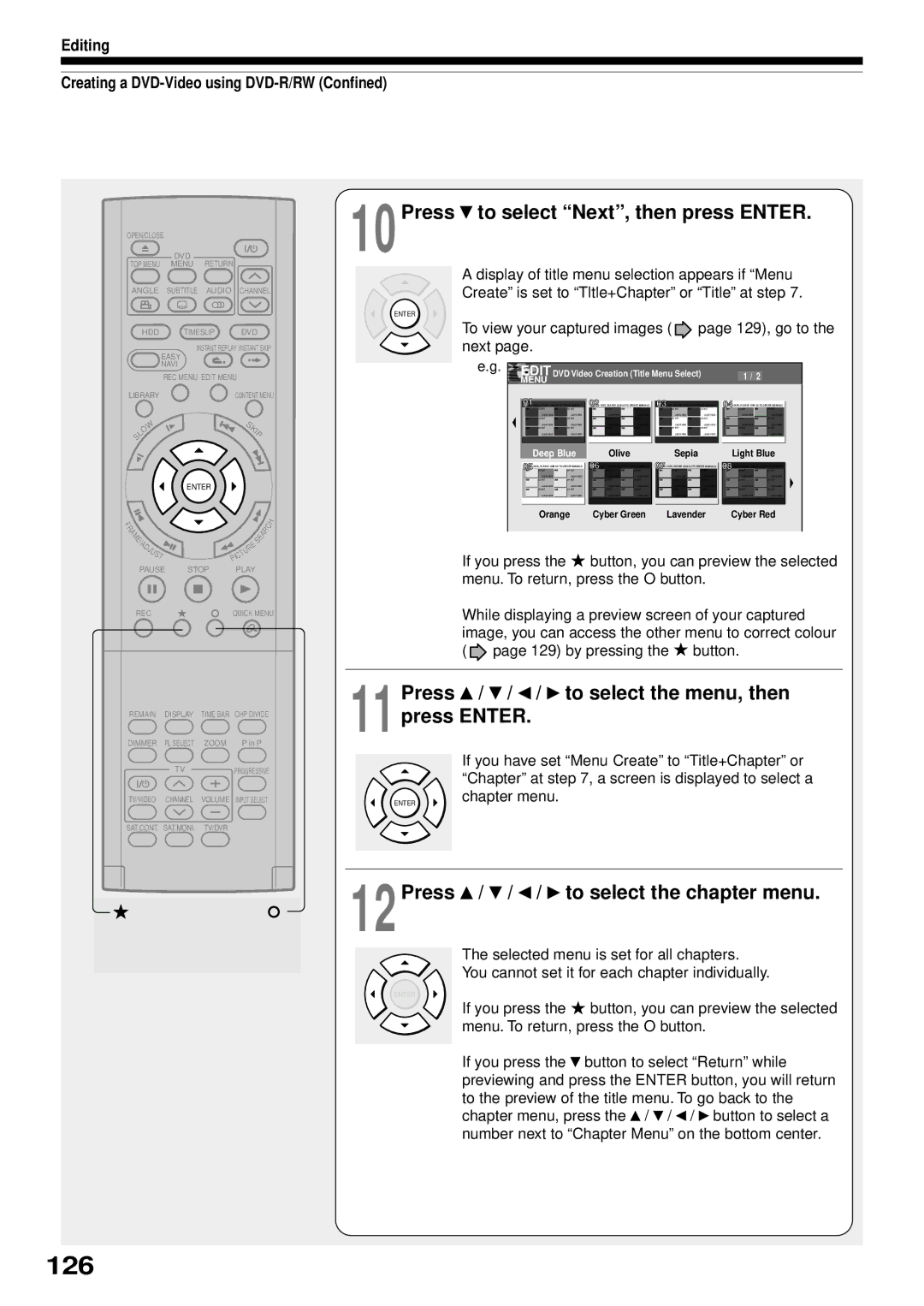 Toshiba RD-XS32SB 126, 10Press to select Next, then press Enter, 11Press / / / to select the menu, then press Enter 