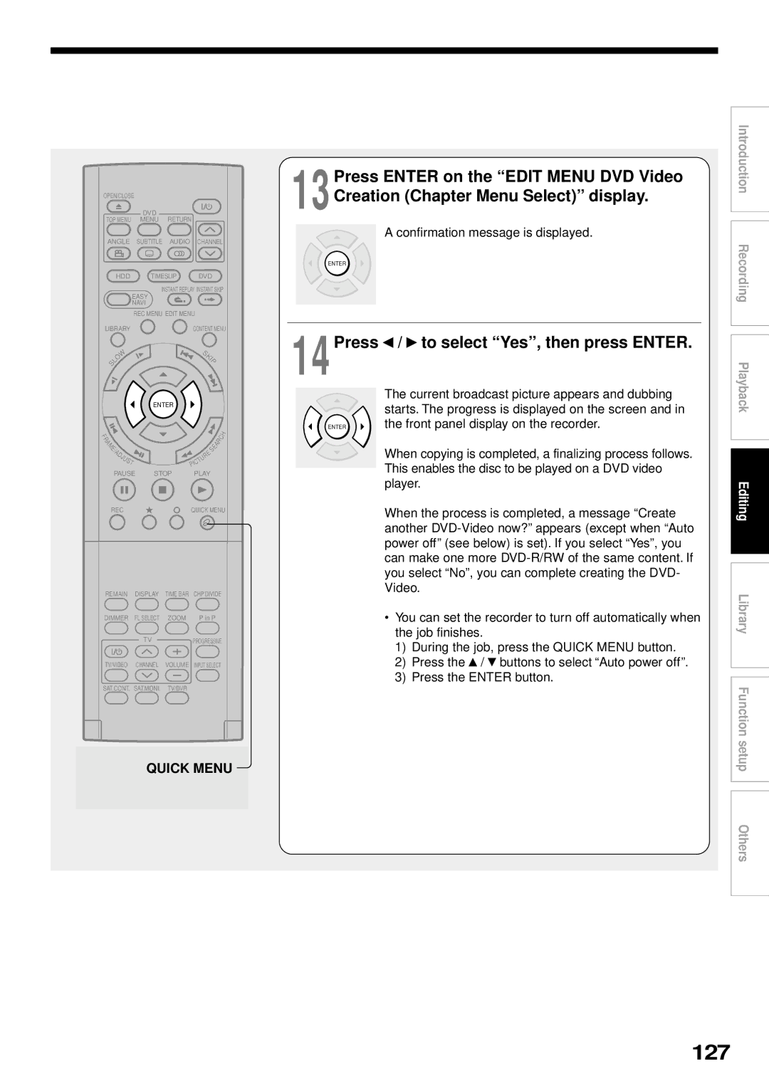 Toshiba RD-XS32SB owner manual 127, 14Press / to select Yes, then press Enter, Confirmation message is displayed 