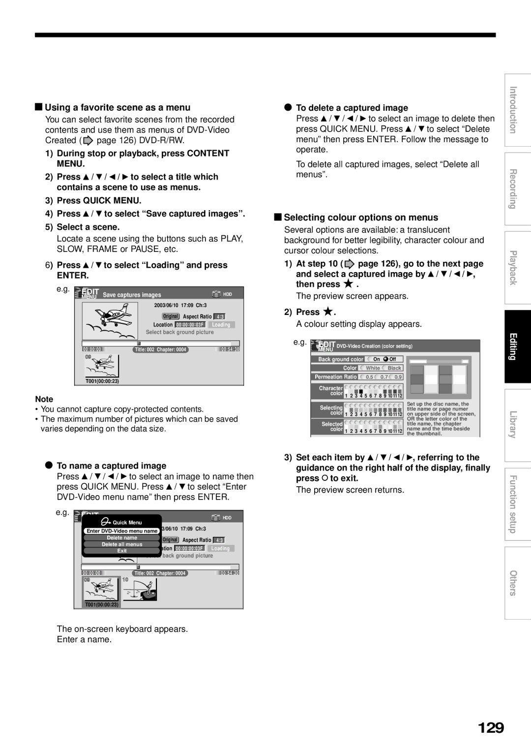 Toshiba RD-XS32SB owner manual 129, Using a favorite scene as a menu, Selecting colour options on menus 