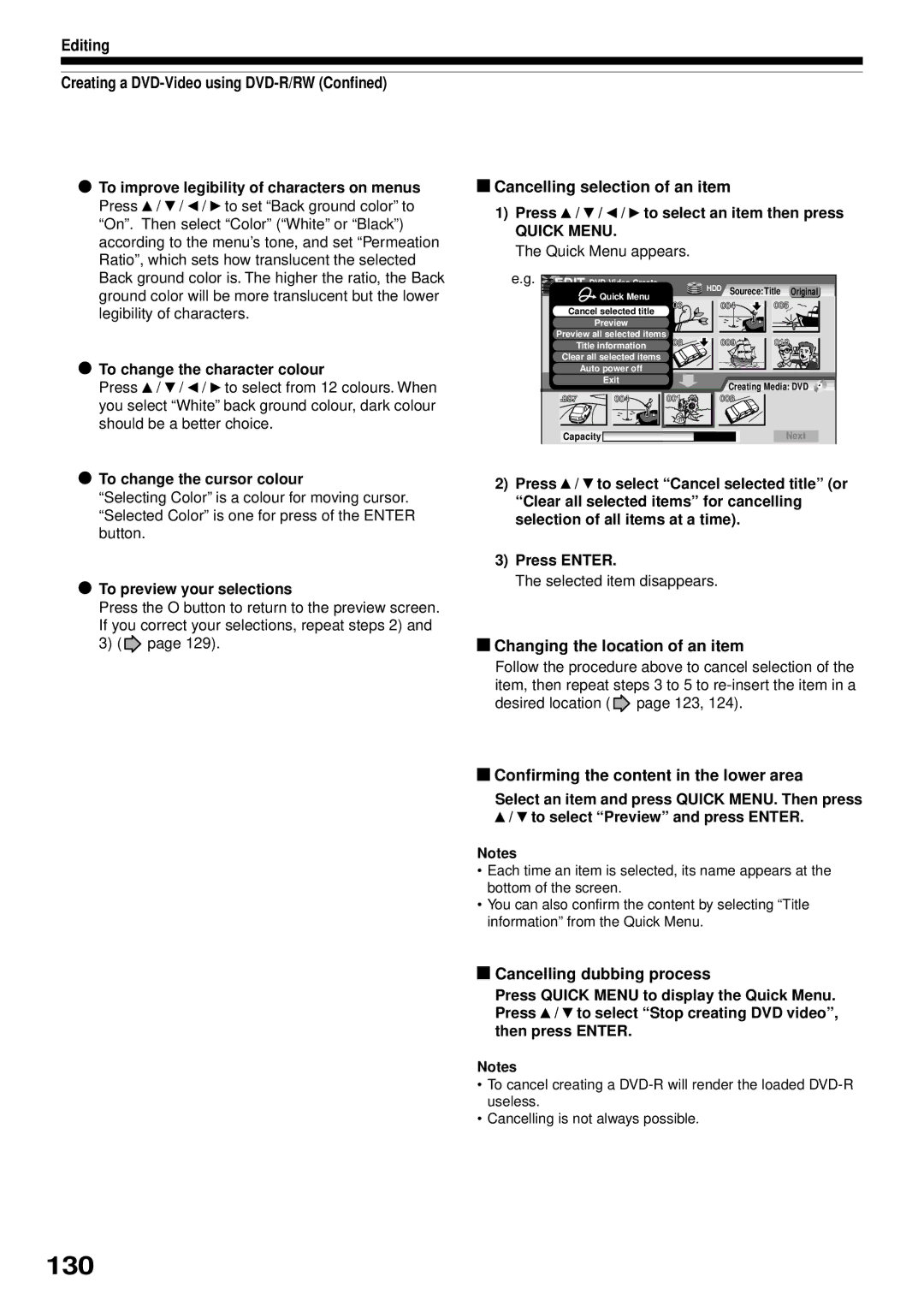 Toshiba RD-XS32SB owner manual 130, Changing the location of an item, Confirming the content in the lower area 