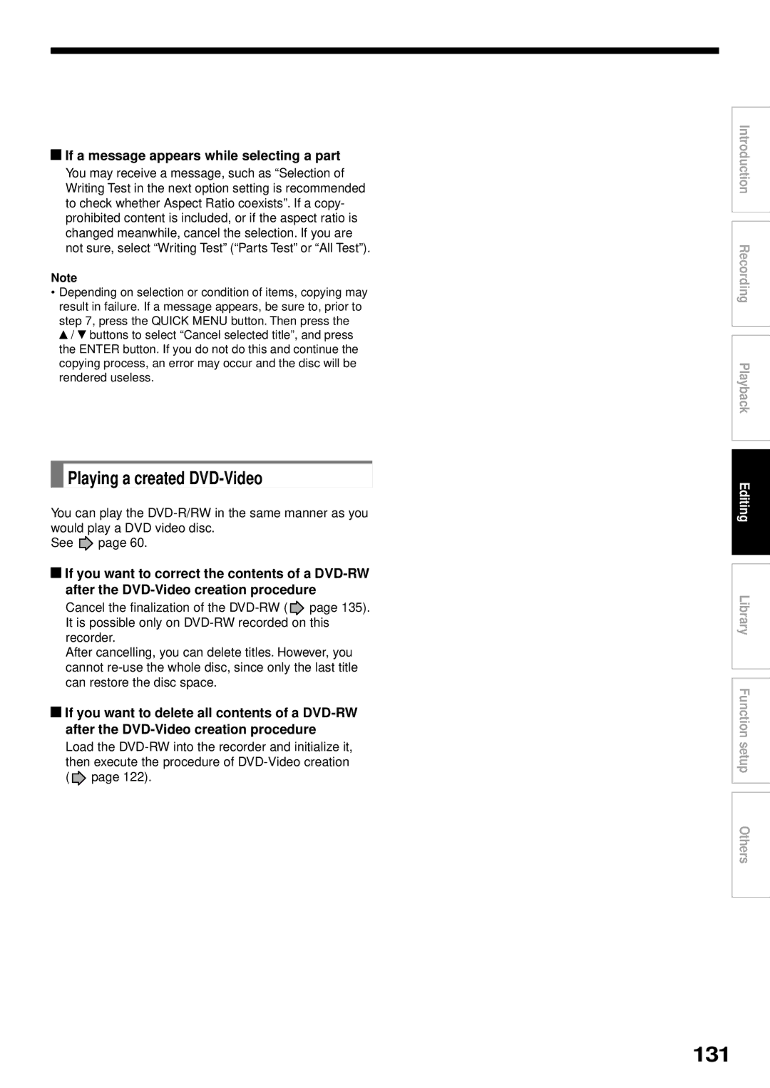 Toshiba RD-XS32SB owner manual 131, Playing a created DVD-Video, If a message appears while selecting a part 