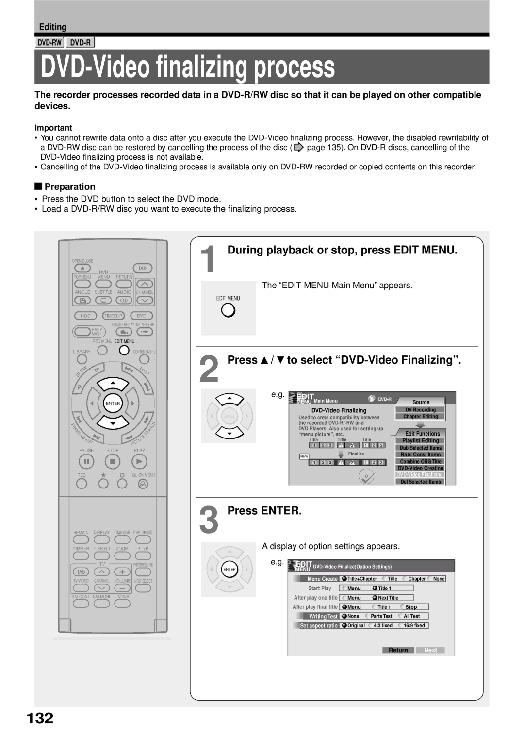 Toshiba RD-XS32SB owner manual DVD-Video finalizing process, 132, Press / to select DVD-Video Finalizing 