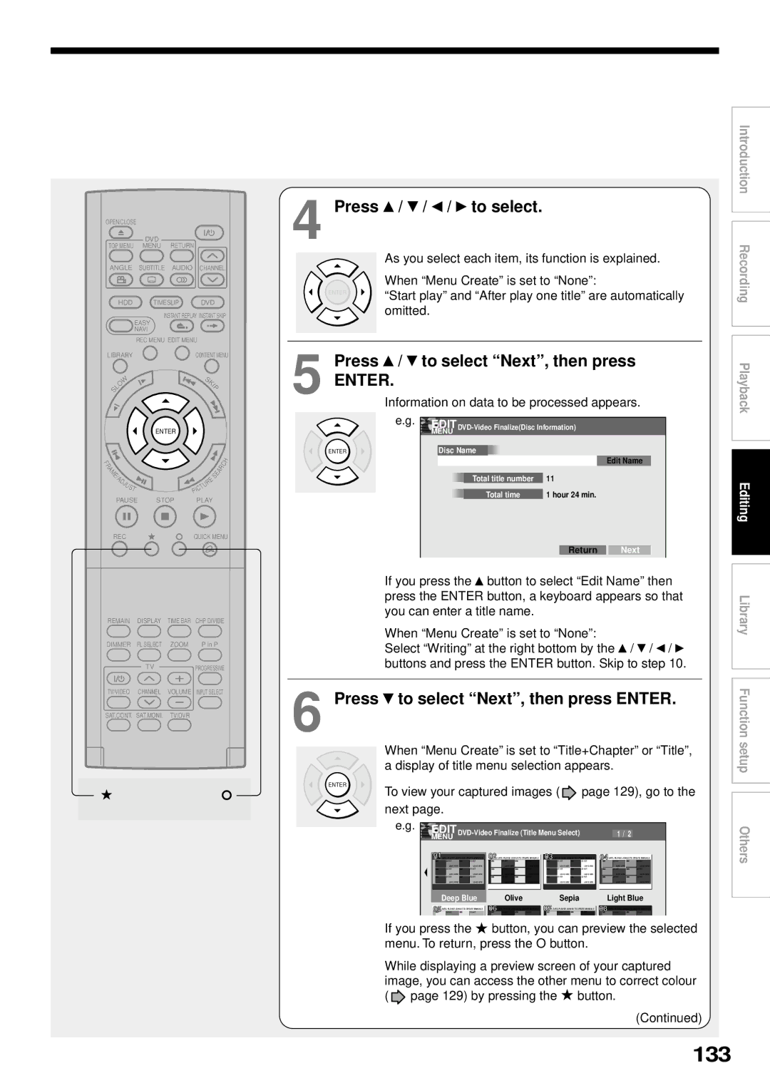 Toshiba RD-XS32SB owner manual 133, Press / / / to select, Press to select Next, then press Enter 