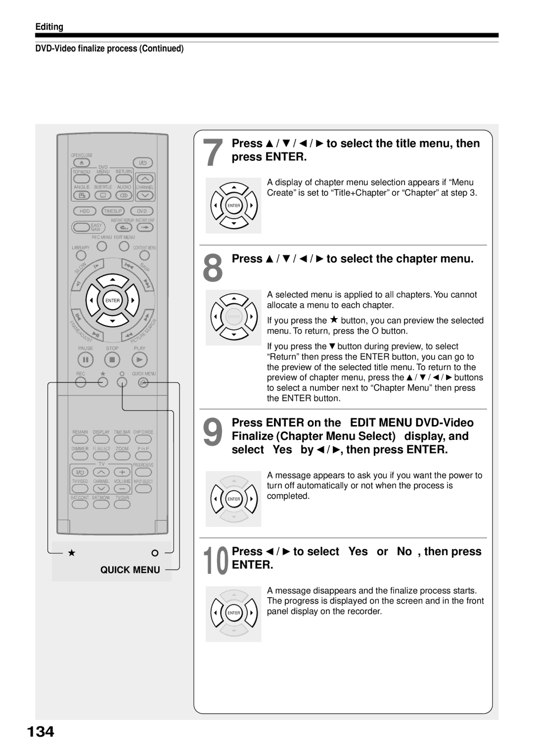 Toshiba RD-XS32SB 134, Press / / / to select the title menu, then press Enter, Press / / / to select the chapter menu 