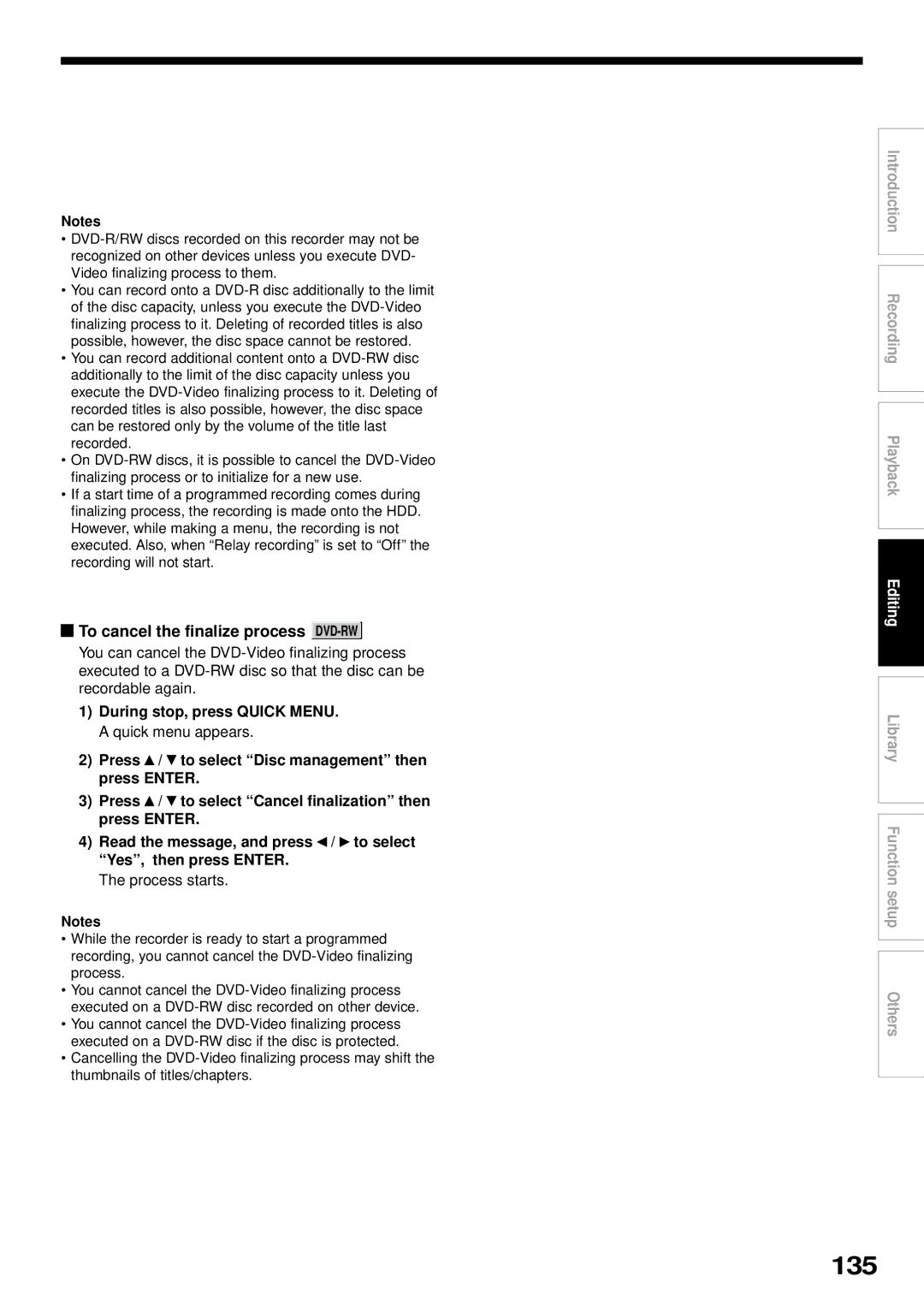 Toshiba RD-XS32SB owner manual 135, To cancel the finalize process DVD-RW 