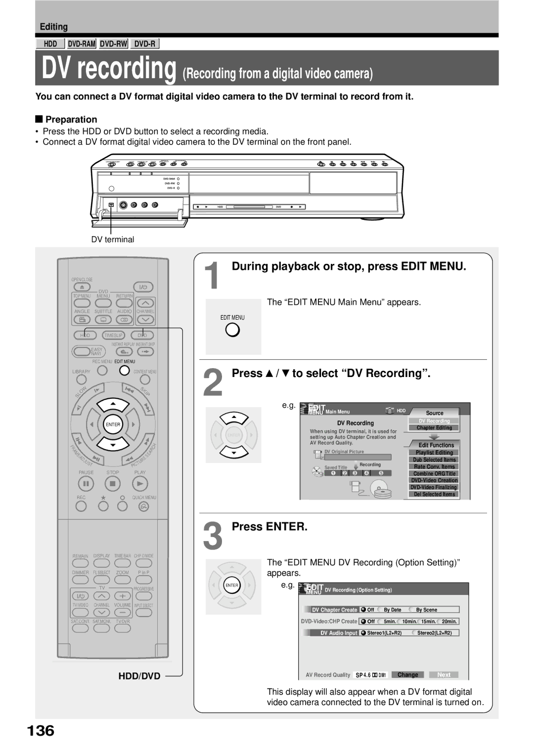 Toshiba RD-XS32SB owner manual 136, Press / to select DV Recording 